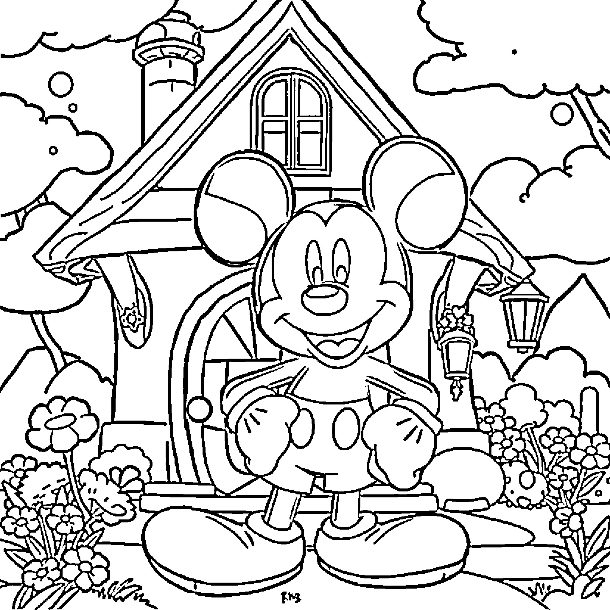 Mickey enjoying the cozy cottage in the countryside Coloring Page (free black-and-white line drawing printable PDF for all, from beginners to advanced learners, including children, teens, adults, and seniors)