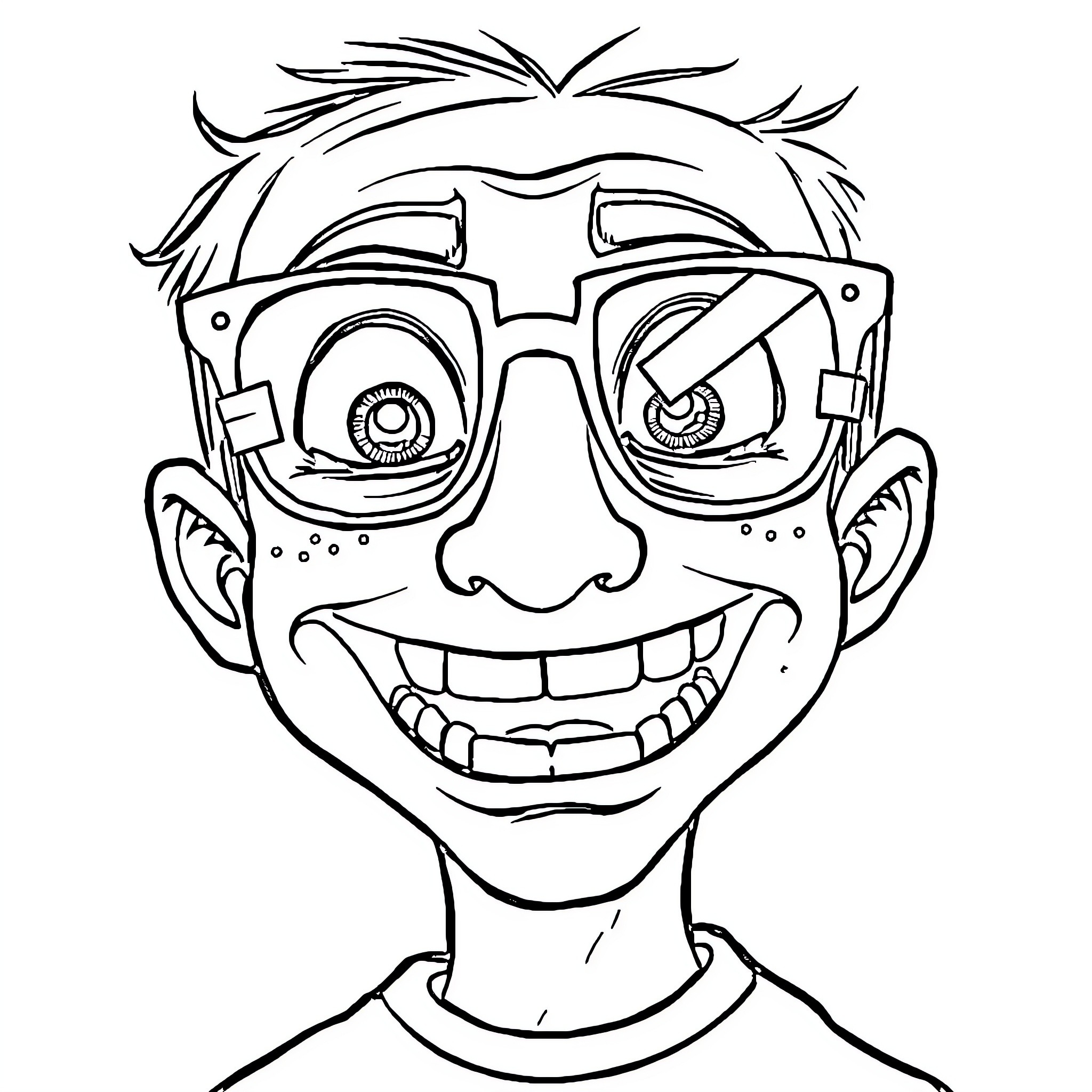 Nerd with Goofy Facial Expression and Eyeglasses Coloring Page (free black-and-white line drawing printable PDF for all, from beginners to advanced learners, including children, teens, adults, and seniors)