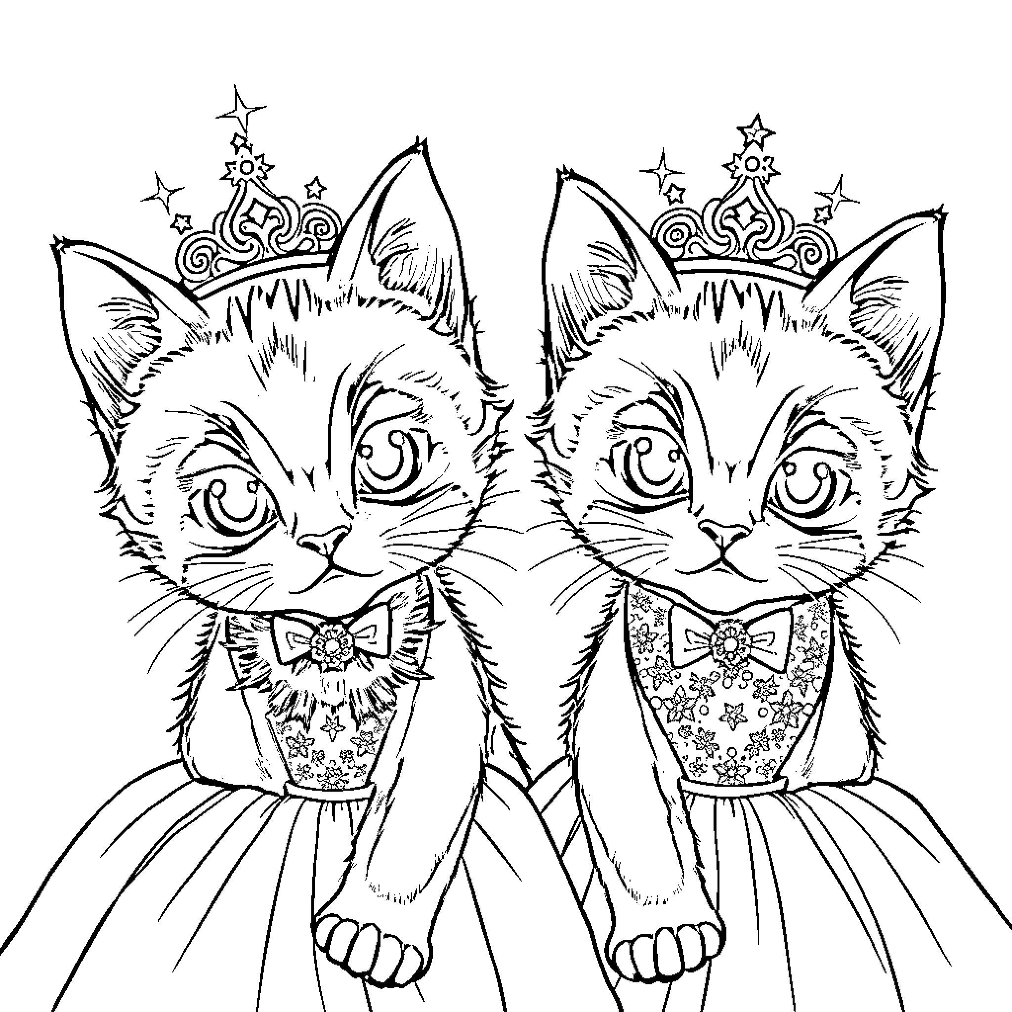 Kittens in fancy attire and crowns Coloring Page (free black-and-white line drawing printable PDF for all, from beginners to advanced learners, including children, teens, adults, and seniors)
