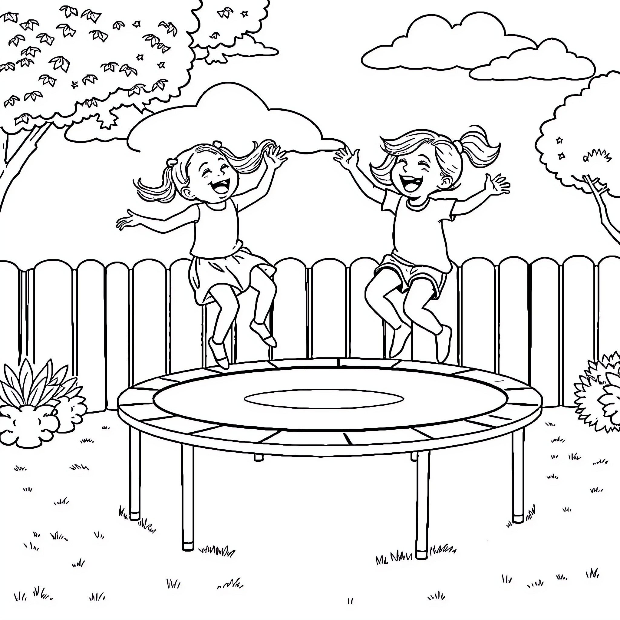 Girls jumping happily on trampoline in the park Coloring Page (free black-and-white line drawing printable PDF for all, from beginners to advanced learners, including children, teens, adults, and seniors)