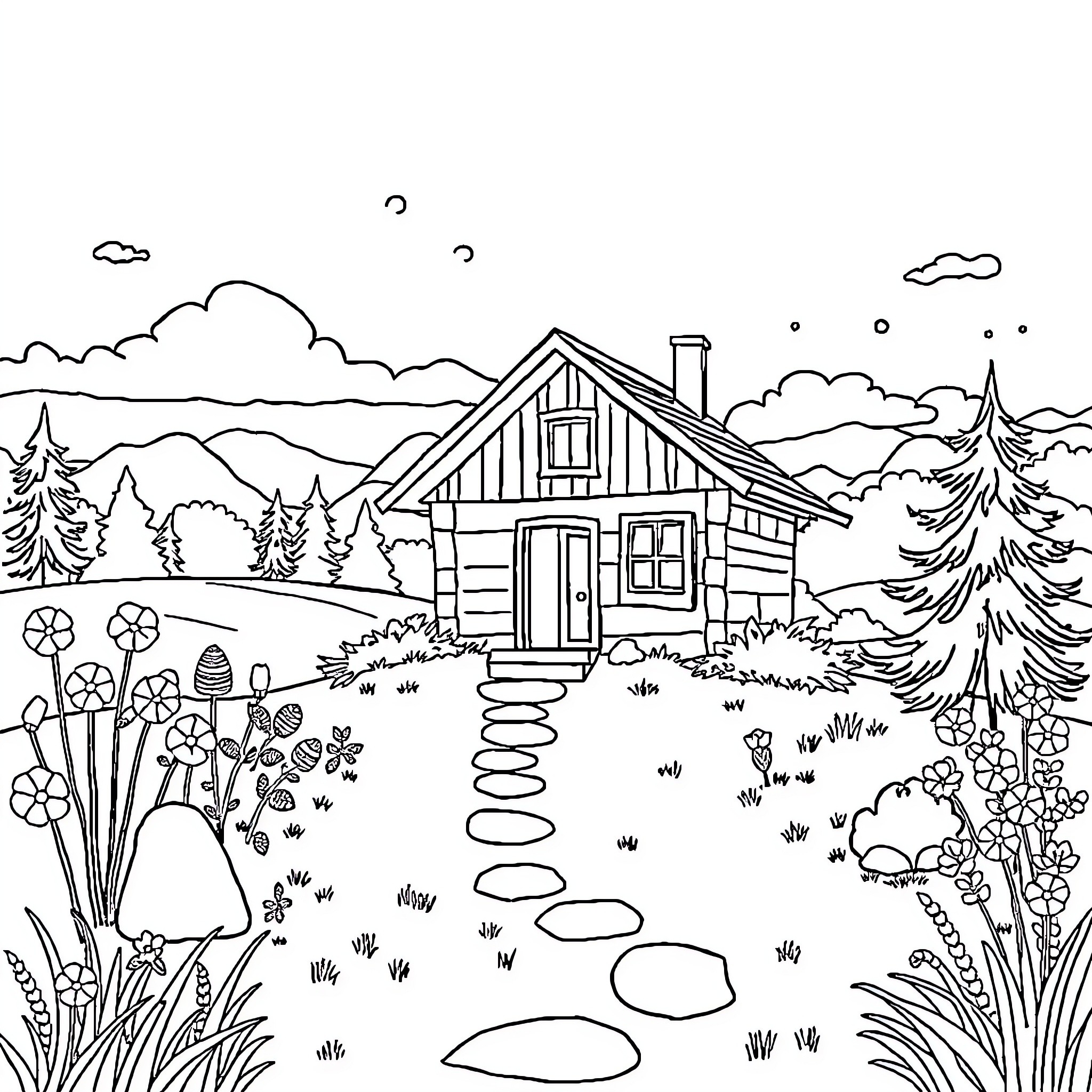 Cupac Cottage Getaway in the Mountains Coloring Page (free black-and-white line drawing printable PDF for all, from beginners to advanced learners, including children, teens, adults, and seniors)