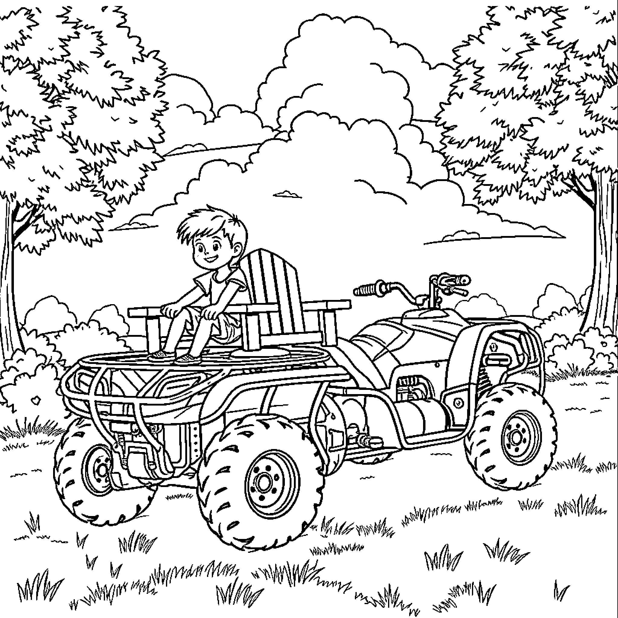 Kids exploring nature in their off-road vehicle Coloring Page (free black-and-white line drawing printable PDF for all, from beginners to advanced learners, including children, teens, adults, and seniors)
