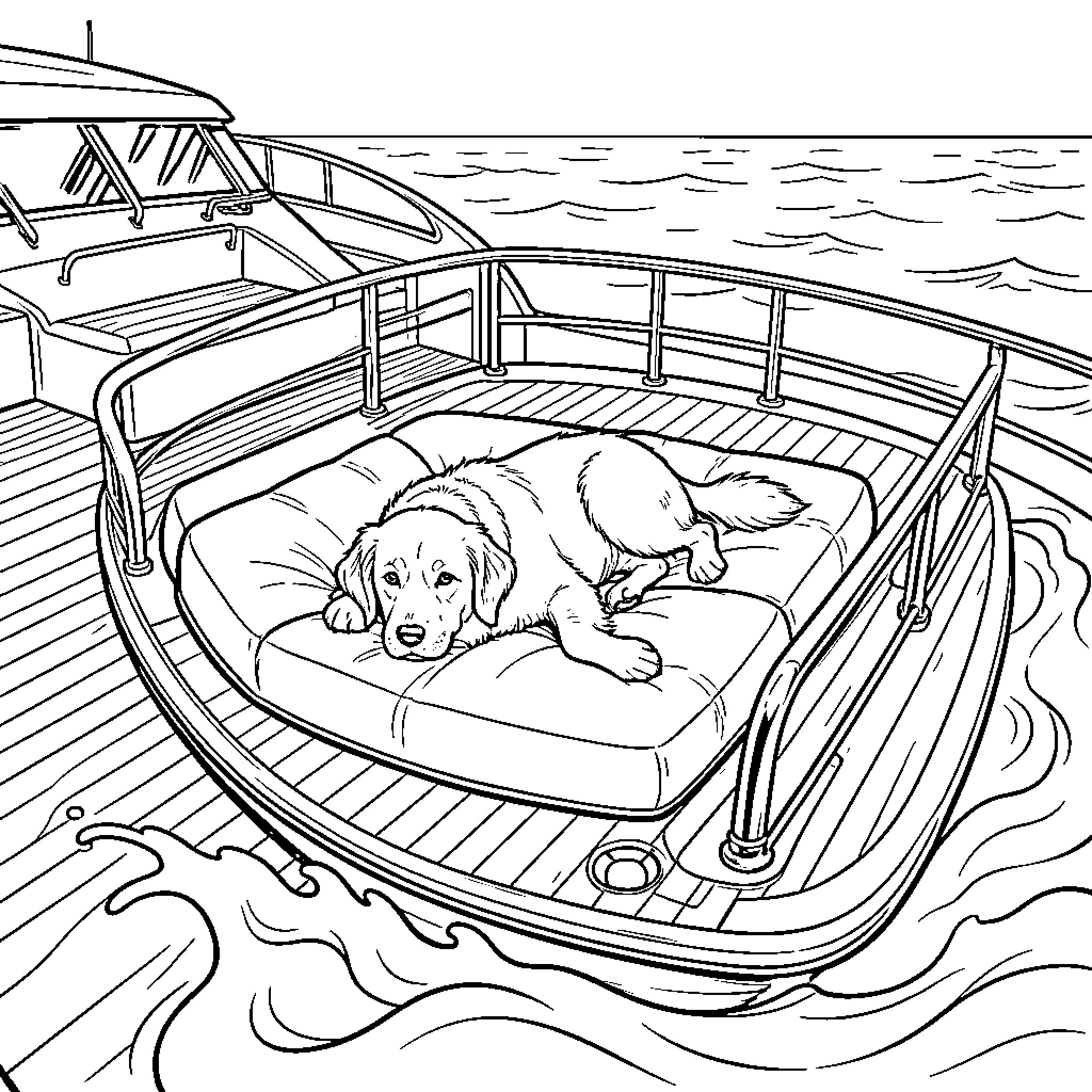 Dog resting peacefully on a cushion on a boat Coloring Page (free black-and-white line drawing printable PDF for all, from beginners to advanced learners, including children, teens, adults, and seniors)