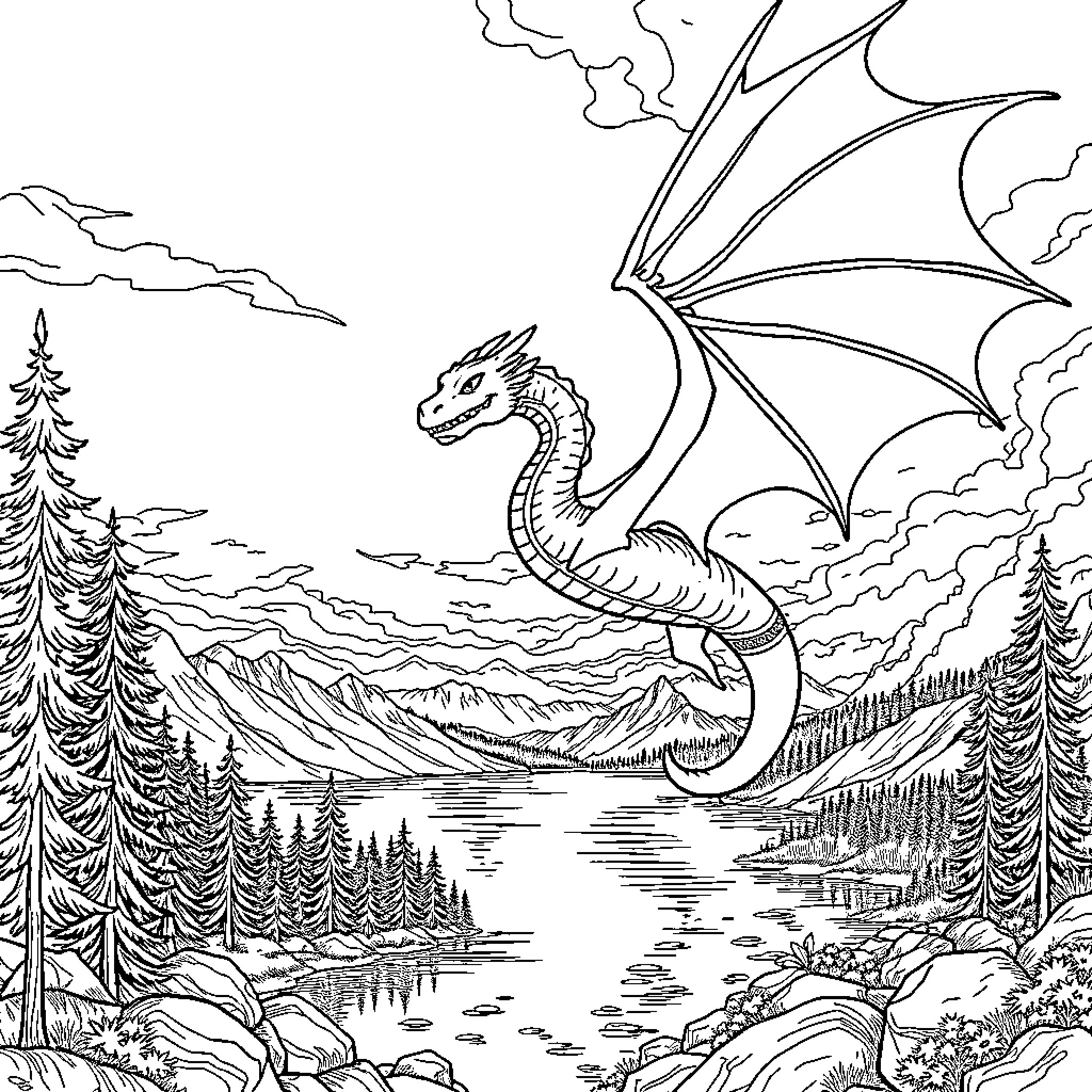 Dragon Soaring Over Fantastical Mountain Landscape Coloring Page (free black-and-white line drawing printable PDF for all, from beginners to advanced learners, including children, teens, adults, and seniors)