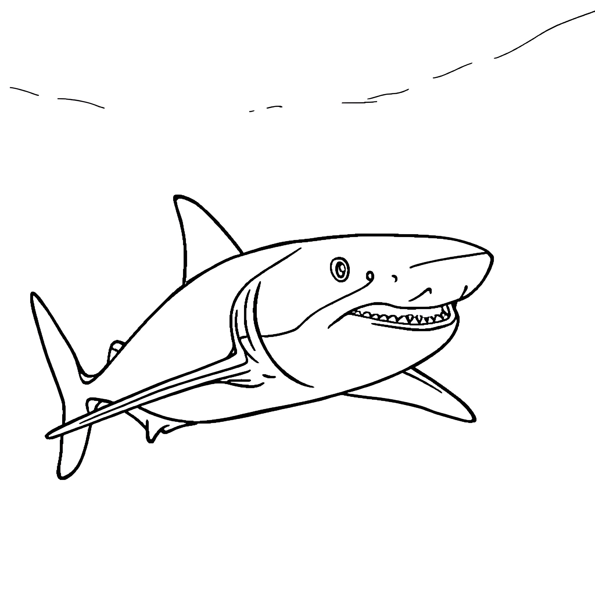 Shark swimming in the ocean Coloring Page (free black-and-white line drawing printable PDF for all, from beginners to advanced learners, including children, teens, adults, and seniors)