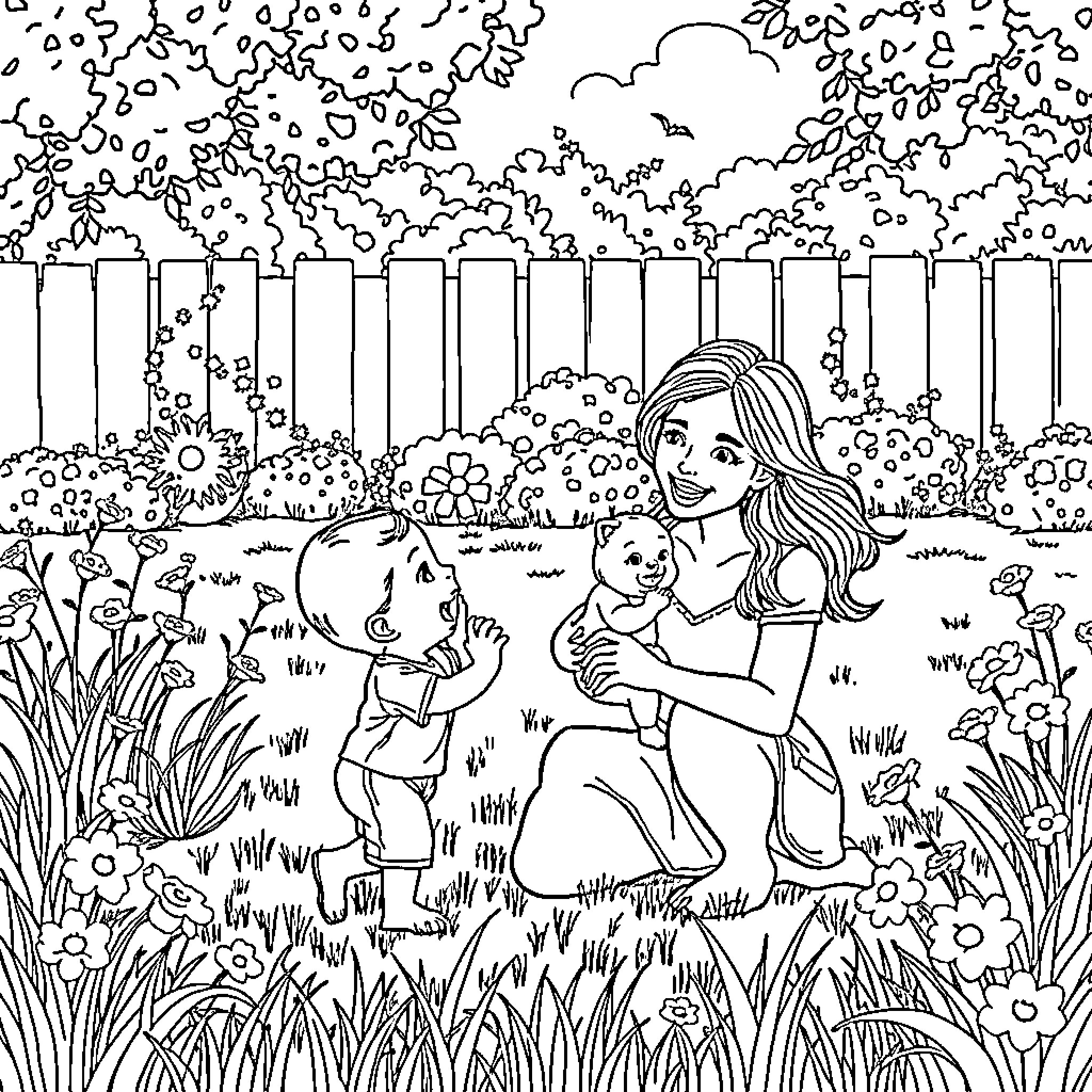 Mommy playing joyfully with child in blooming garden Coloring Page (free black-and-white line drawing printable PDF for all, from beginners to advanced learners, including children, teens, adults, and seniors)