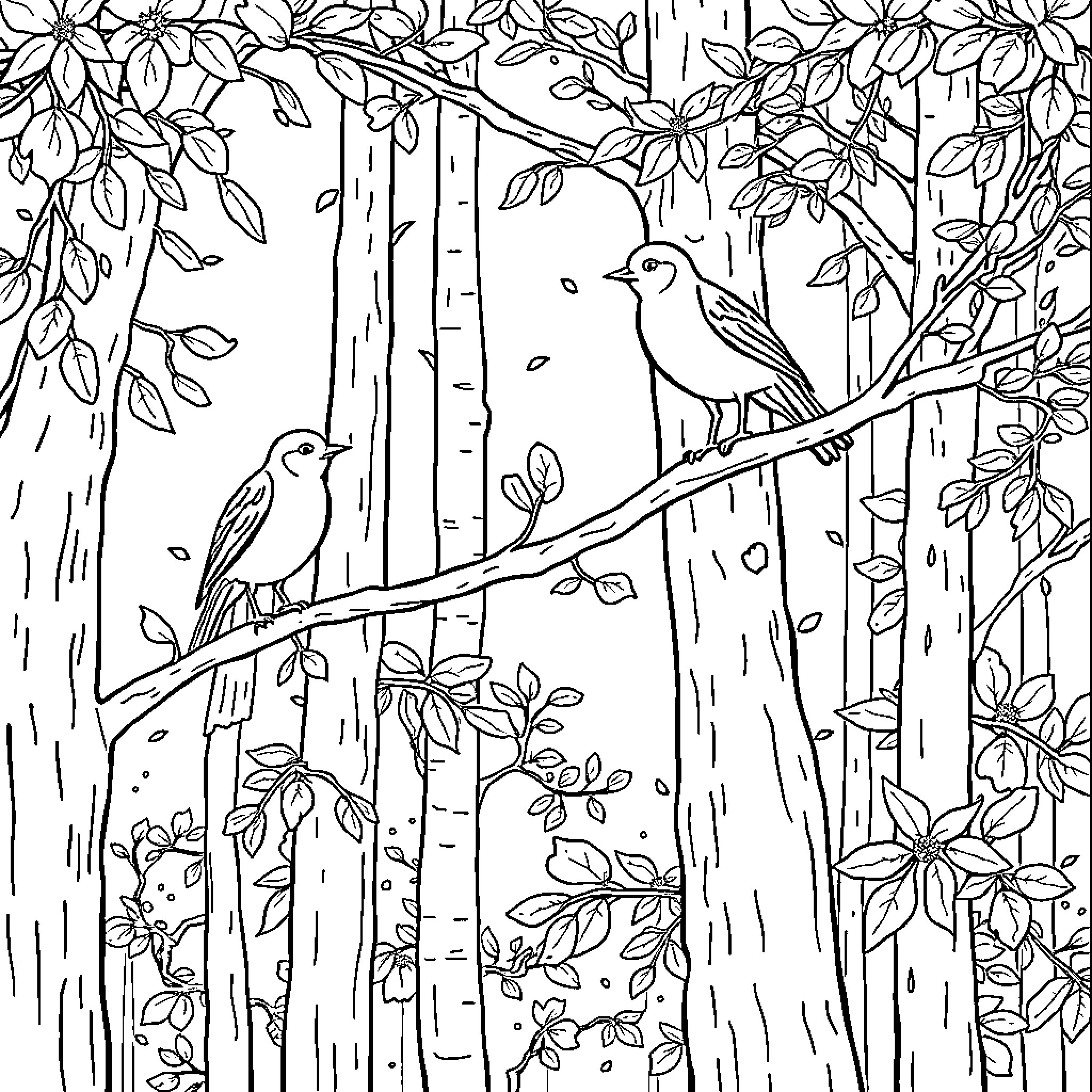 Birds perched on branches in a lush forest Coloring Page (free black-and-white line drawing printable PDF for all, from beginners to advanced learners, including children, teens, adults, and seniors)