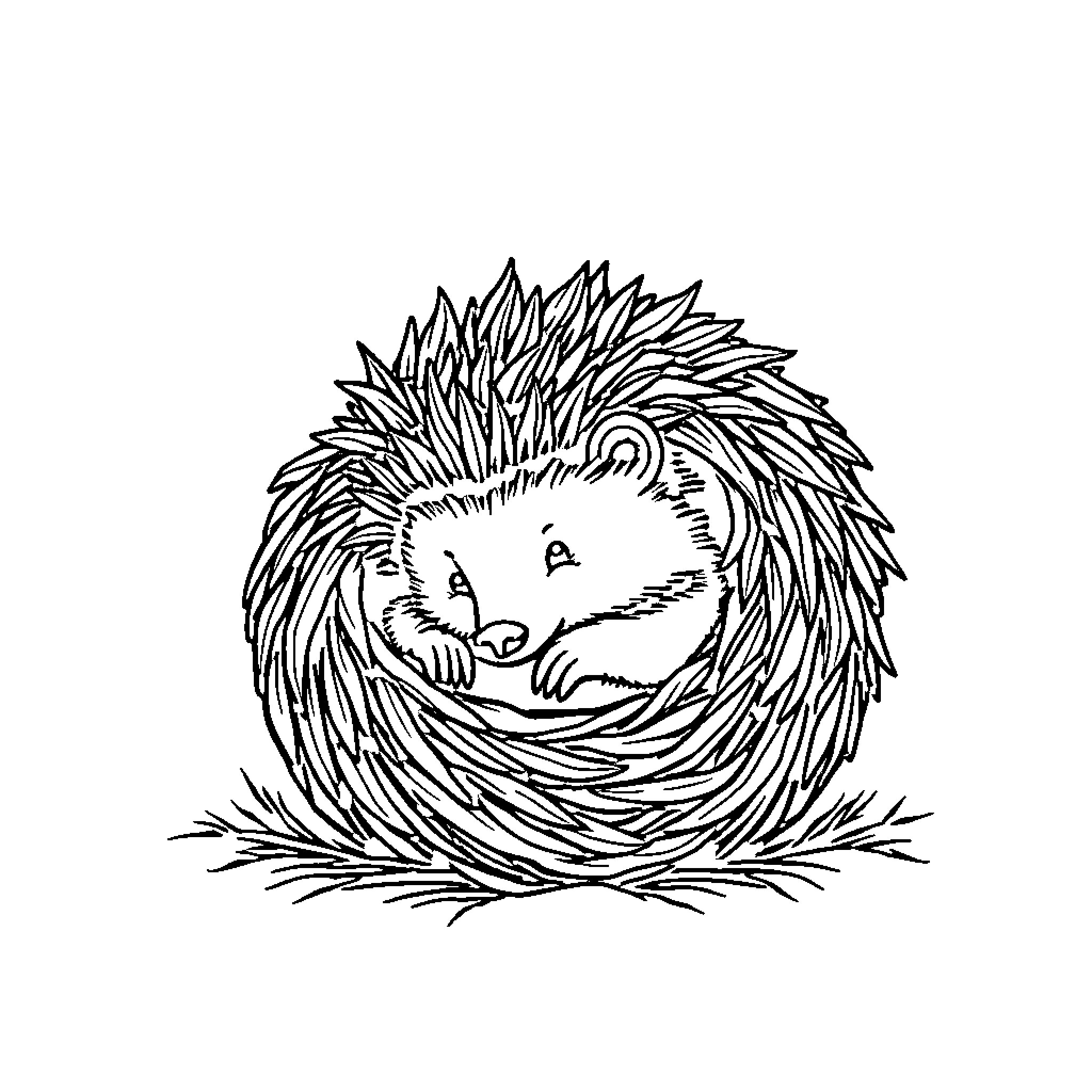 Hedgehog curled up in a cozy nest Coloring Page (free black-and-white line drawing printable PDF for all, from beginners to advanced learners, including children, teens, adults, and seniors)