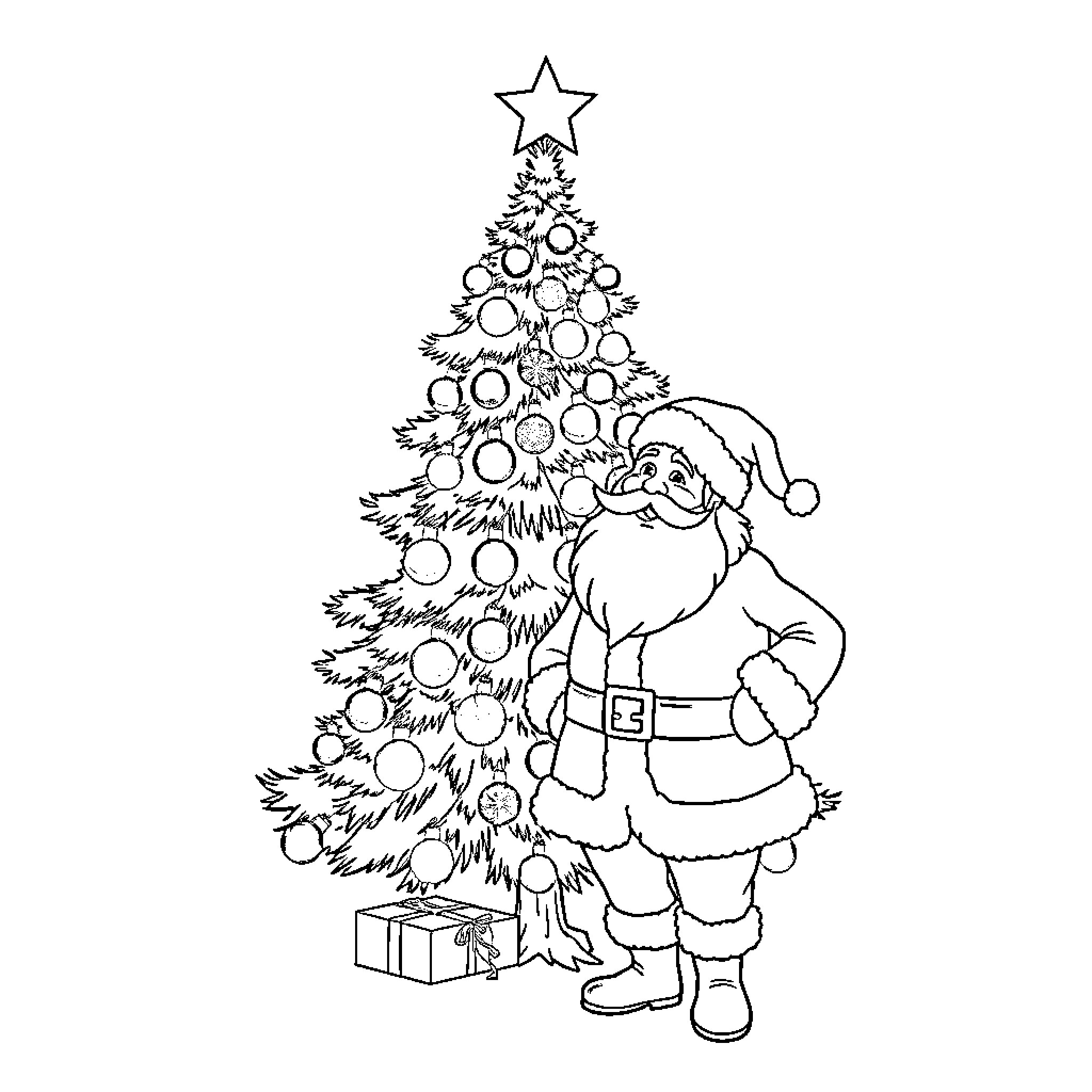 Christmas Tree with Santa decorating Coloring Page (free black-and-white line drawing printable PDF for all, from beginners to advanced learners, including children, teens, adults, and seniors)