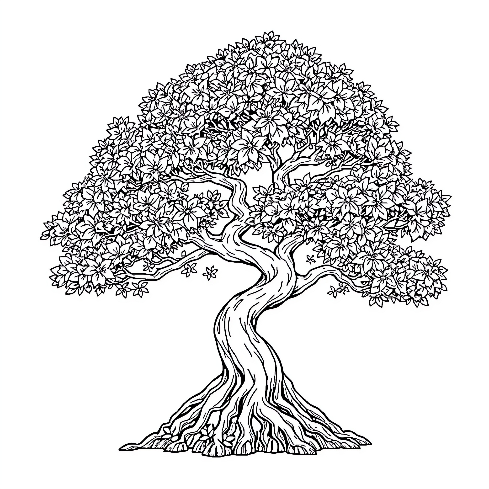 Bonsai tree with intricate floral foliage Coloring Page (free black-and-white line drawing printable PDF for all, from beginners to advanced learners, including children, teens, adults, and seniors)