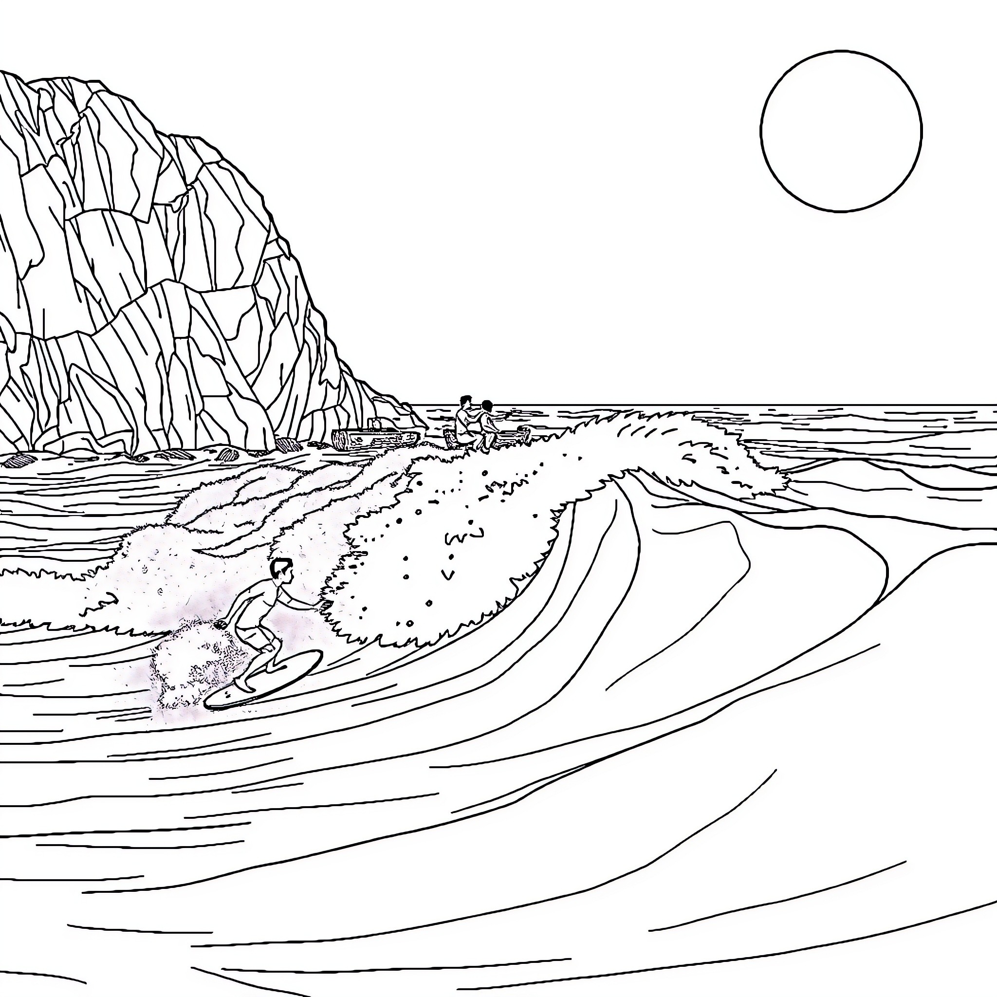 Surfing on crashing ocean waves near cliffs Coloring Page (free black-and-white line drawing printable PDF for all, from beginners to advanced learners, including children, teens, adults, and seniors)