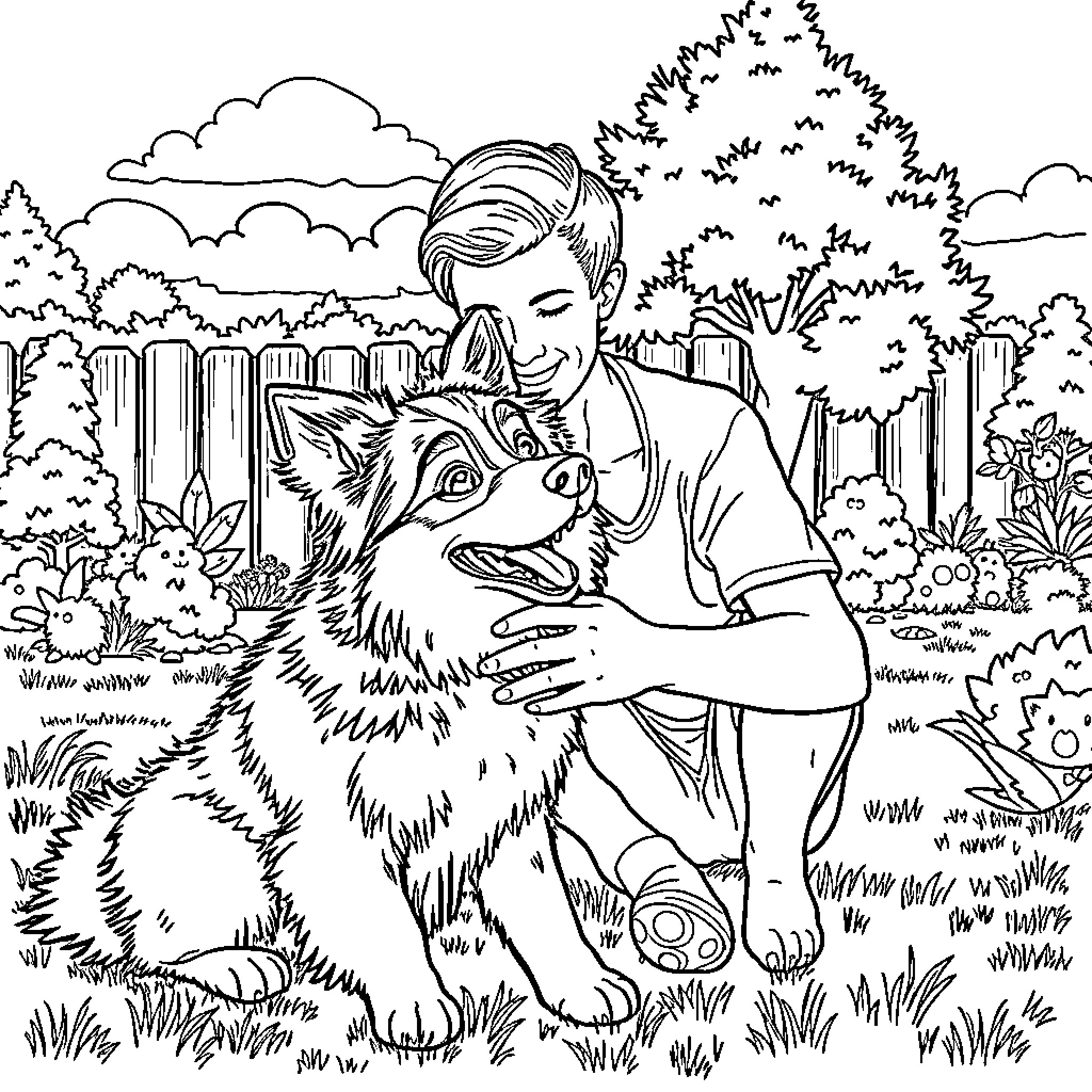 Morgan Wallen hugging a large friendly dog in a lush outdoor setting Coloring Page (free black-and-white line drawing printable PDF for all, from beginners to advanced learners, including children, teens, adults, and seniors)