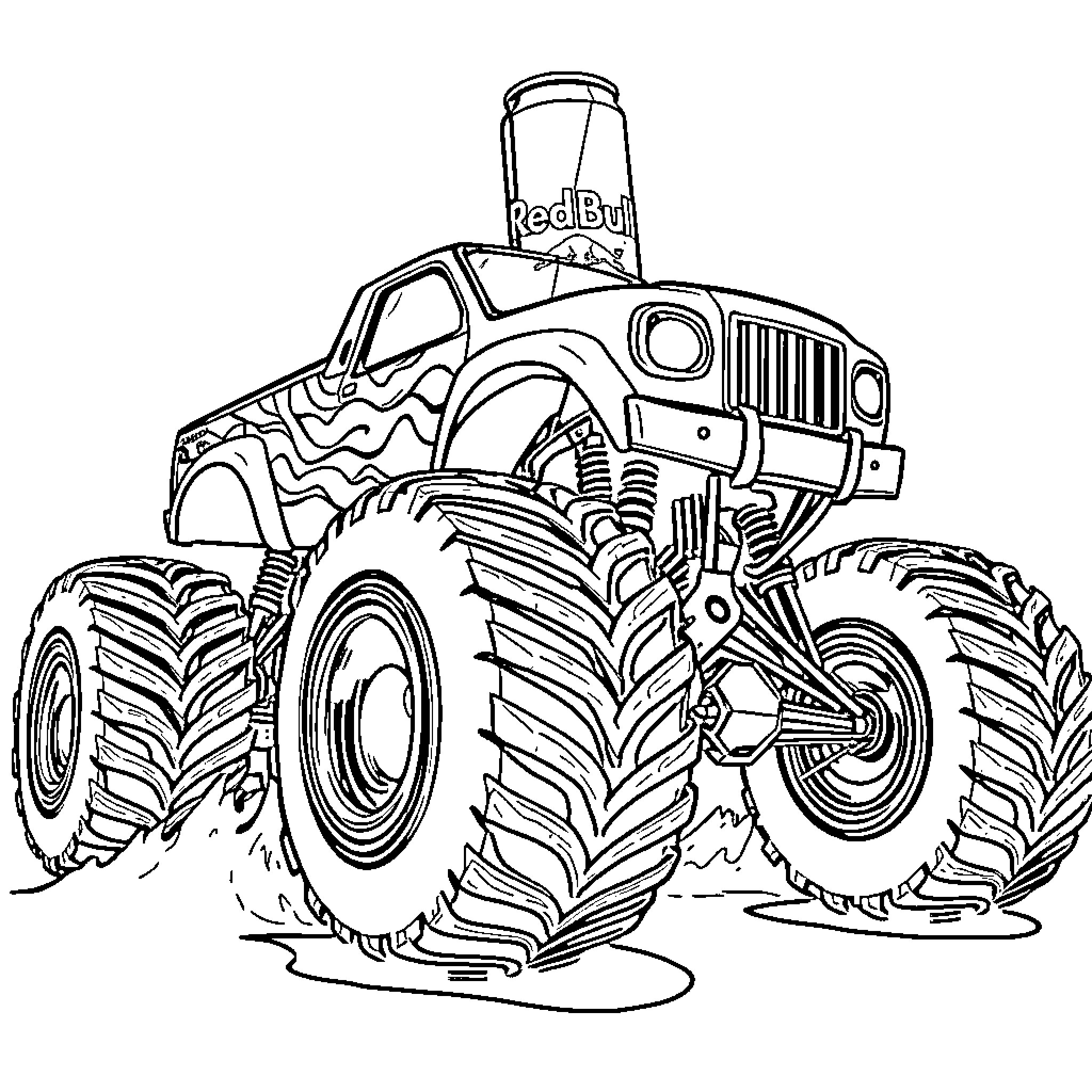 Monster Truck Performing Impressive Stunts Coloring Page (free black-and-white line drawing printable PDF for all, from beginners to advanced learners, including children, teens, adults, and seniors)