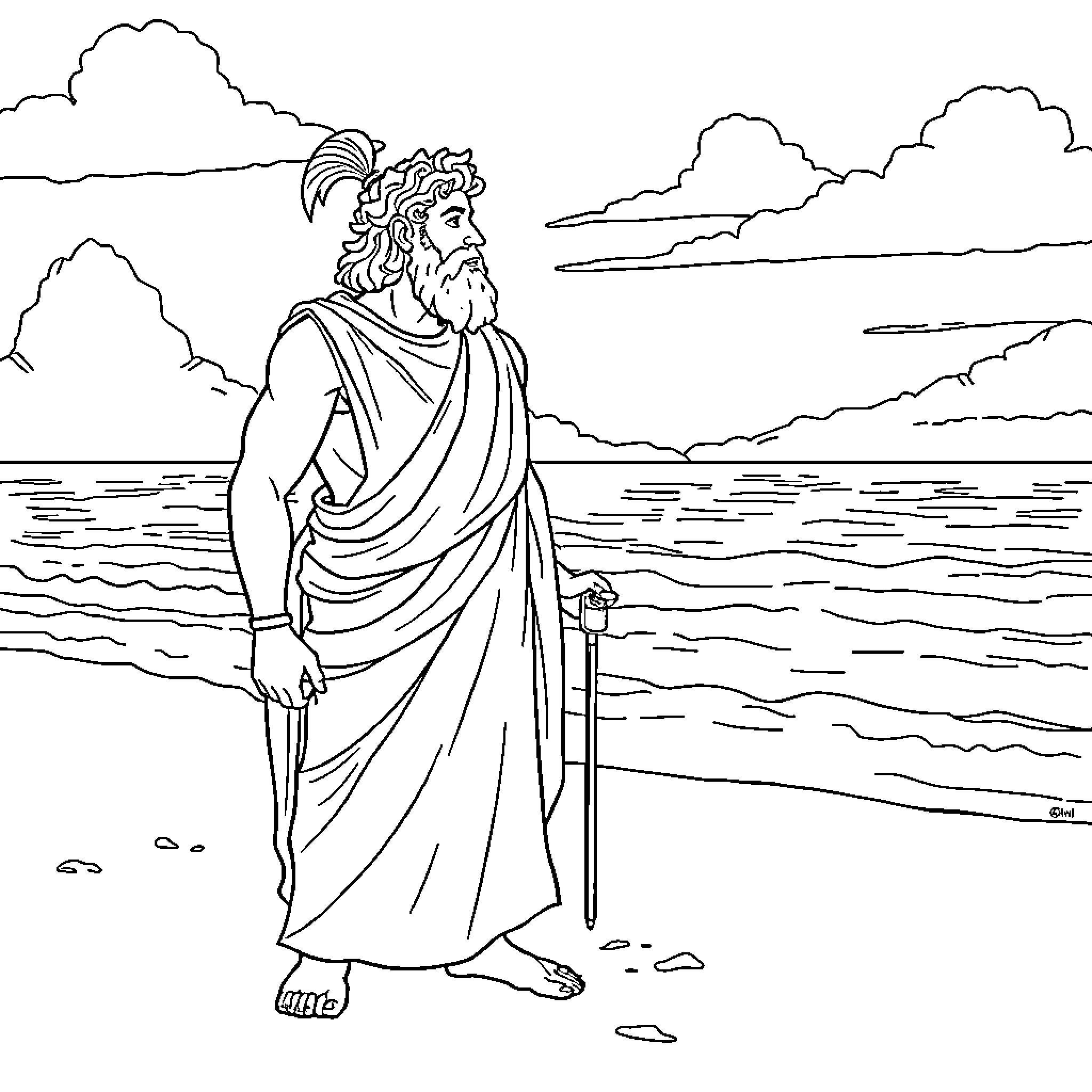 Odysseus Contemplating the Sea Voyage Coloring Page (free black-and-white line drawing printable PDF for all, from beginners to advanced learners, including children, teens, adults, and seniors)