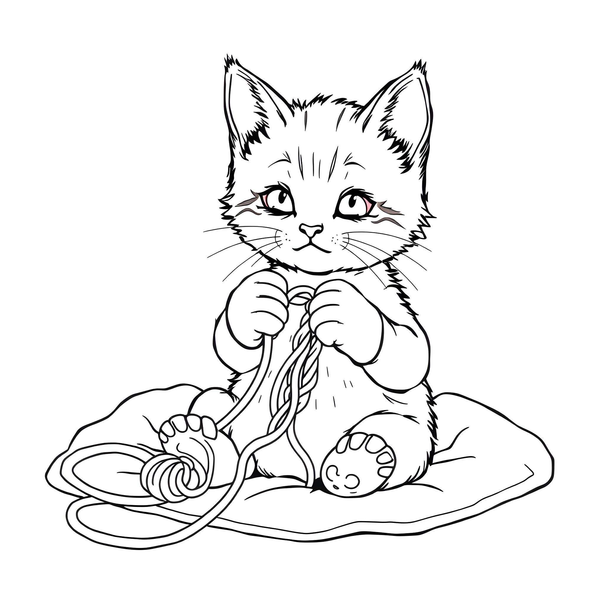 Kitten playing with yarn in the home Coloring Page (free black-and-white line drawing printable PDF for all, from beginners to advanced learners, including children, teens, adults, and seniors)