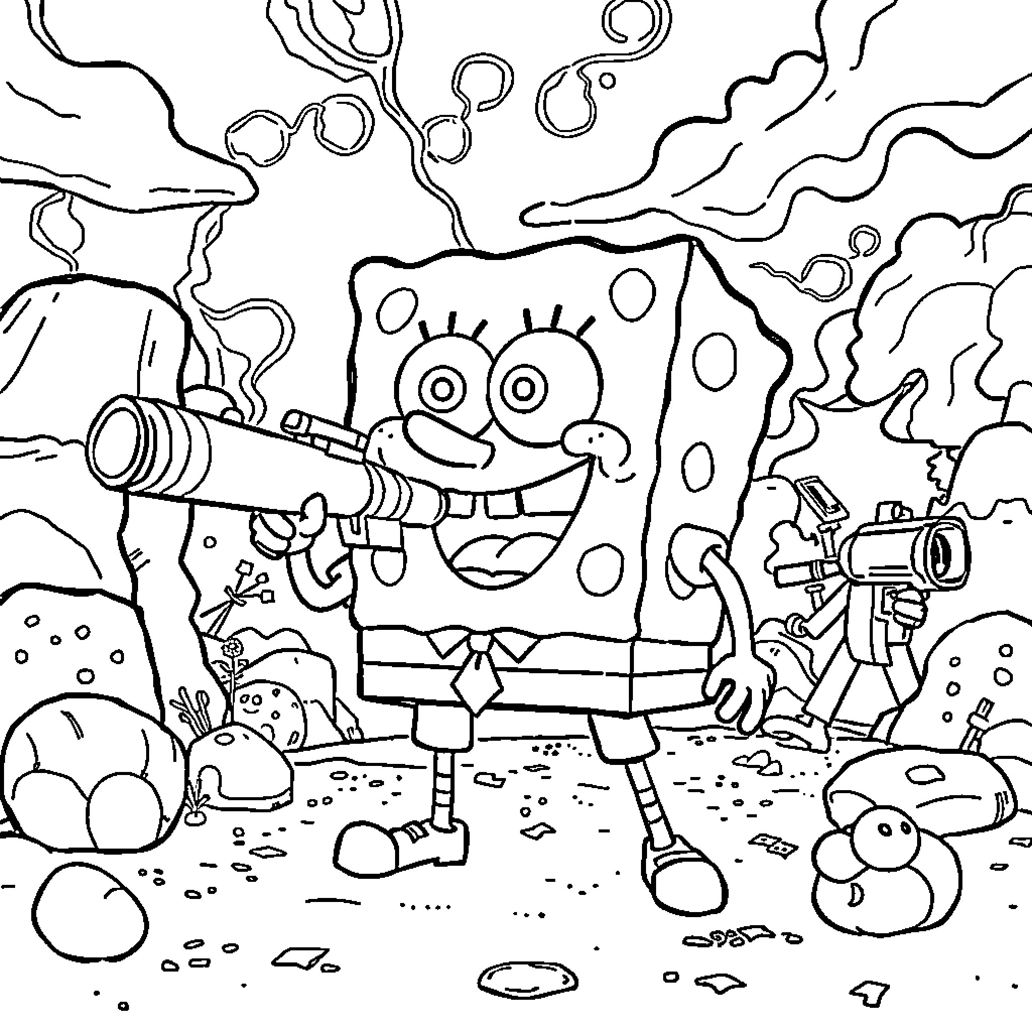 Spongebob's Outdoor Adventure Coloring Page (free black-and-white line drawing printable PDF for all, from beginners to advanced learners, including children, teens, adults, and seniors)