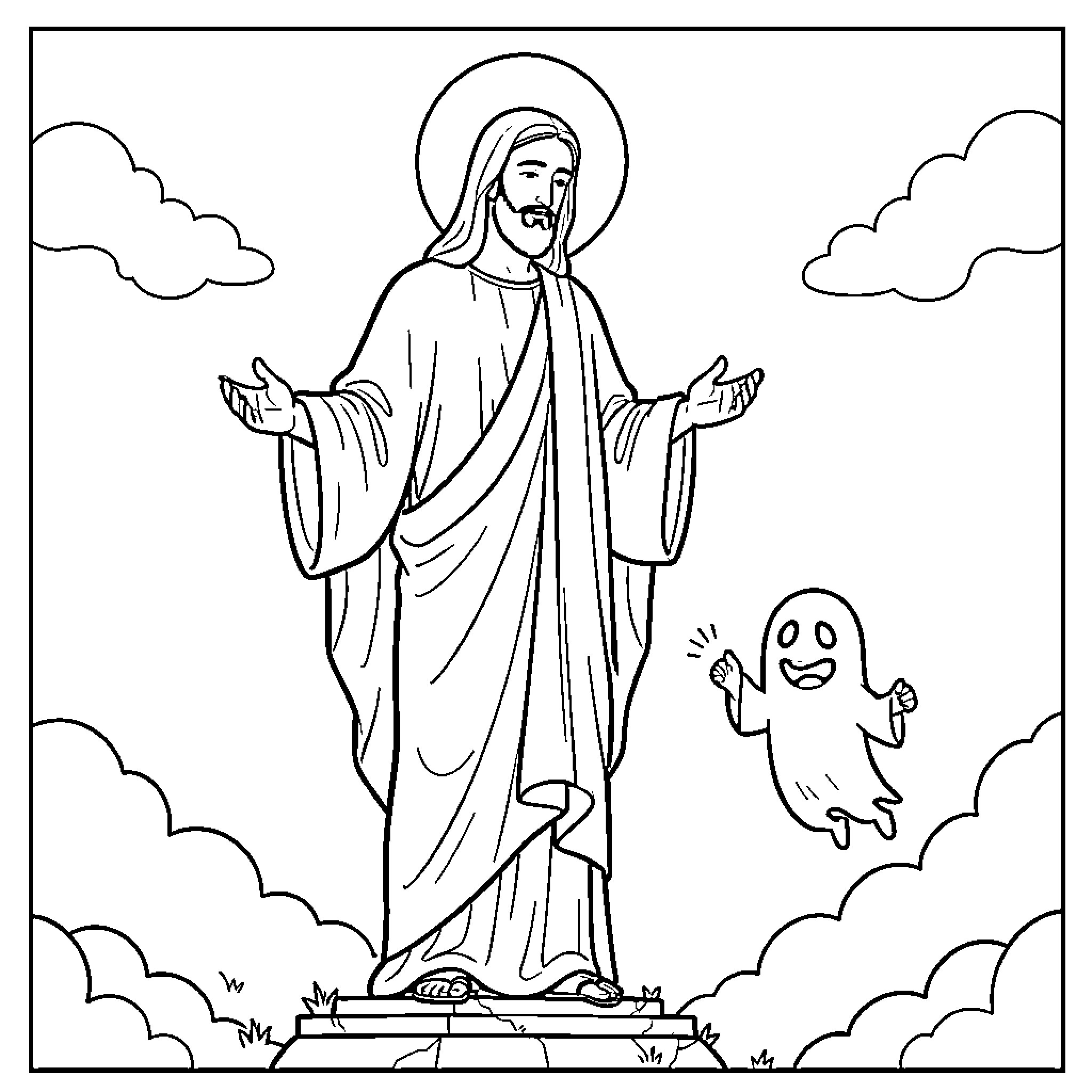 God standing with open arms and a small ghost Coloring Page (free black-and-white line drawing printable PDF for all, from beginners to advanced learners, including children, teens, adults, and seniors)