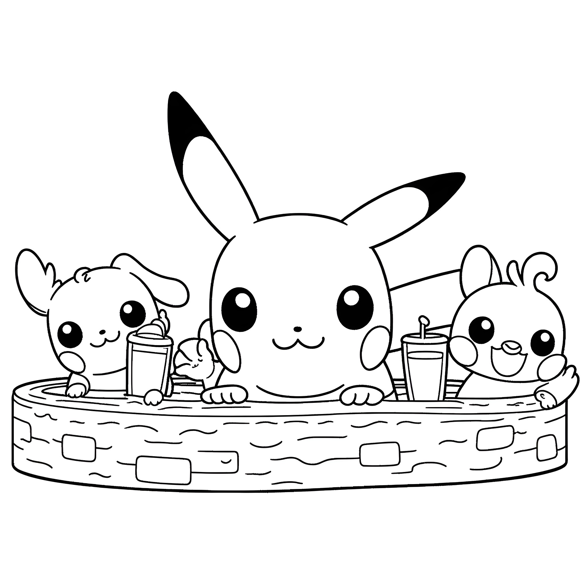 Pokémon characters enjoying refreshments together Coloring Page (free black-and-white line drawing printable PDF for all, from beginners to advanced learners, including children, teens, adults, and seniors)