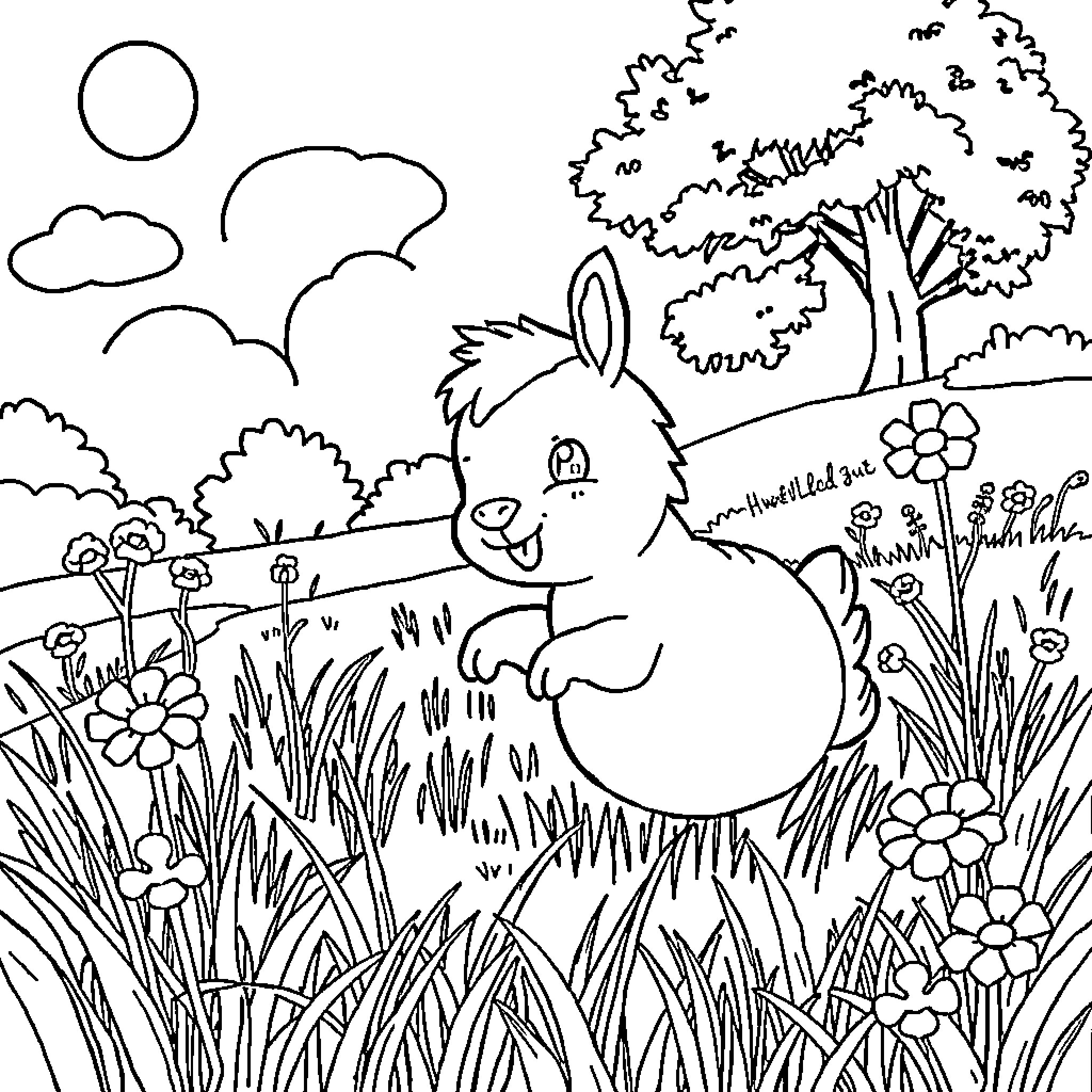 Pieni rabbit in a lively meadow Coloring Page (free black-and-white line drawing printable PDF for all, from beginners to advanced learners, including children, teens, adults, and seniors)