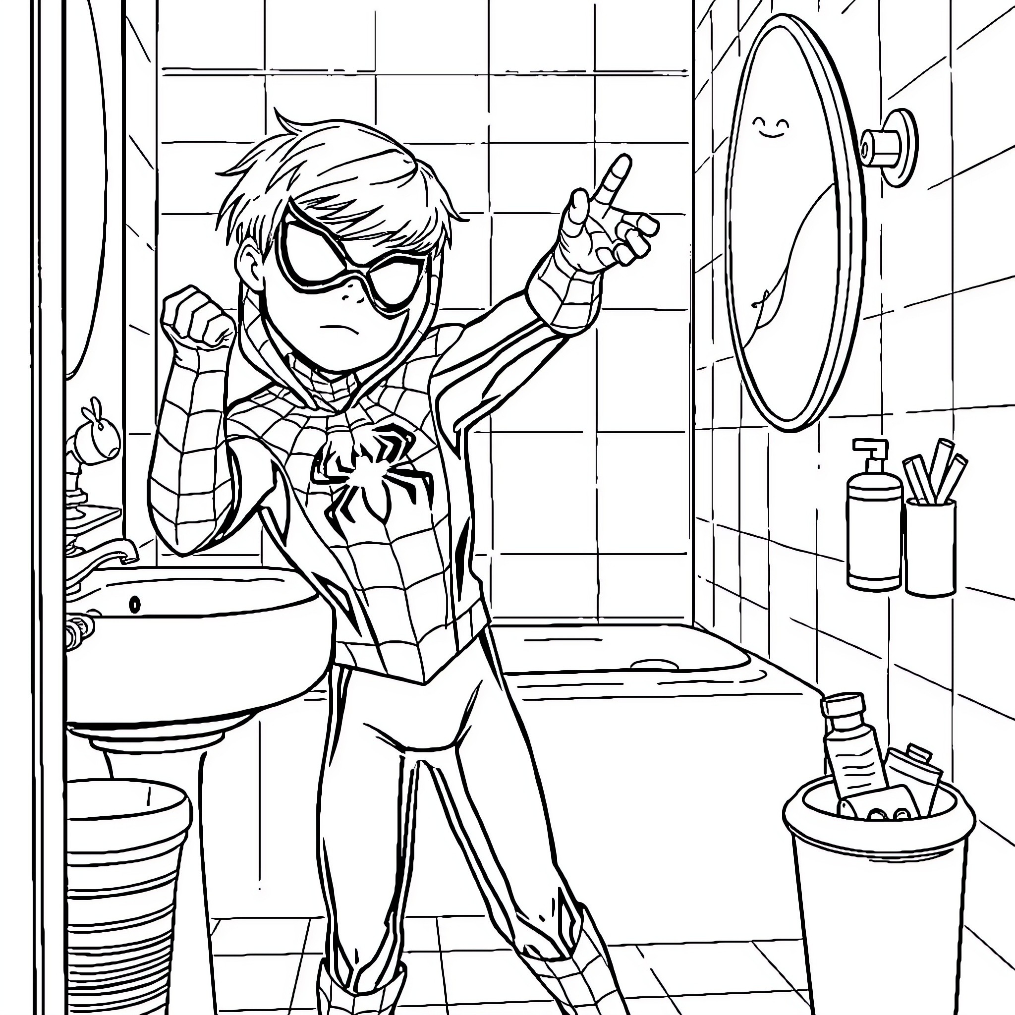 Spiderman explores the bathroom with curiosity Coloring Page (free black-and-white line drawing printable PDF for all, from beginners to advanced learners, including children, teens, adults, and seniors)
