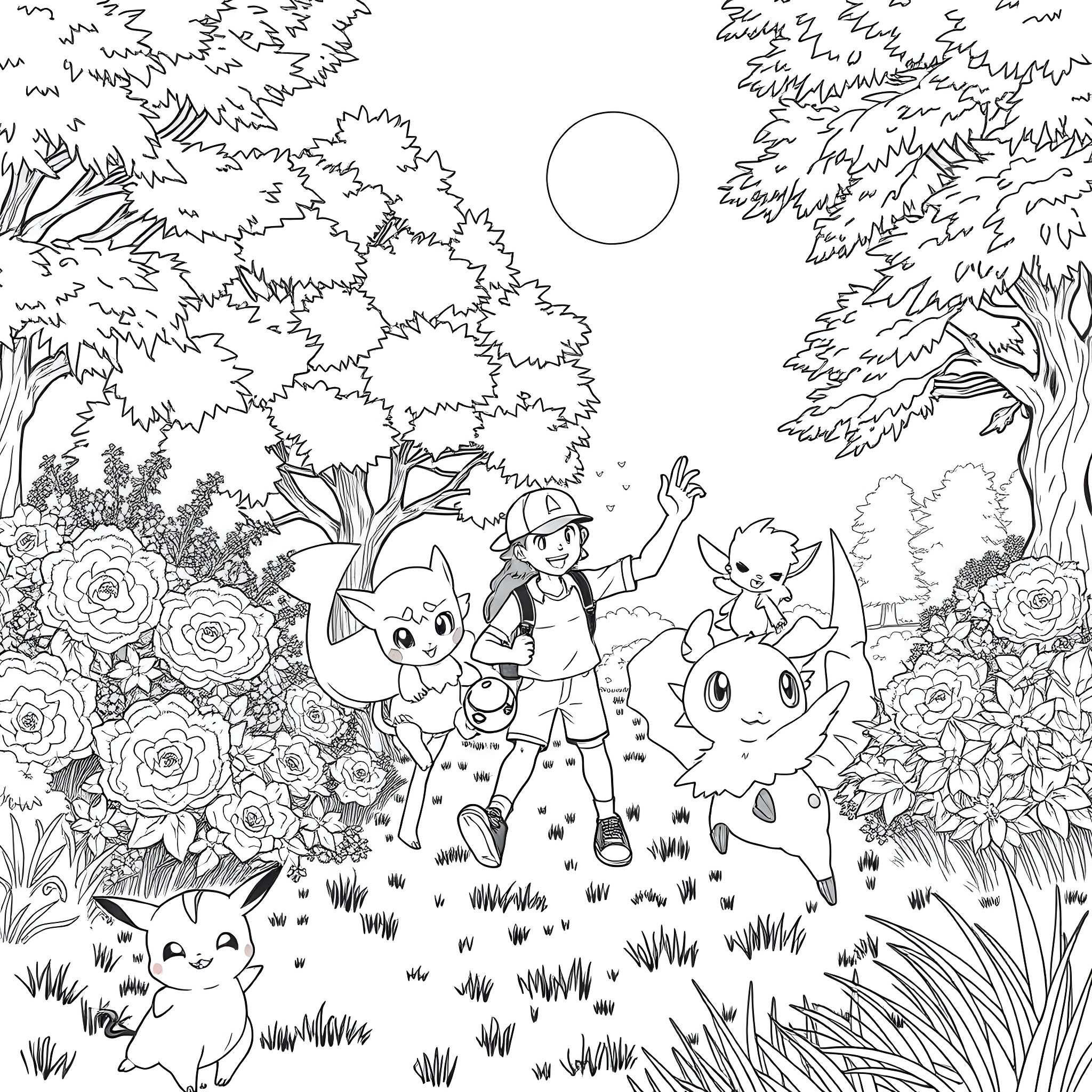 Pokémon Trainers Exploring the Enchanted Forest Coloring Page (free black-and-white line drawing printable PDF for all, from beginners to advanced learners, including children, teens, adults, and seniors)
