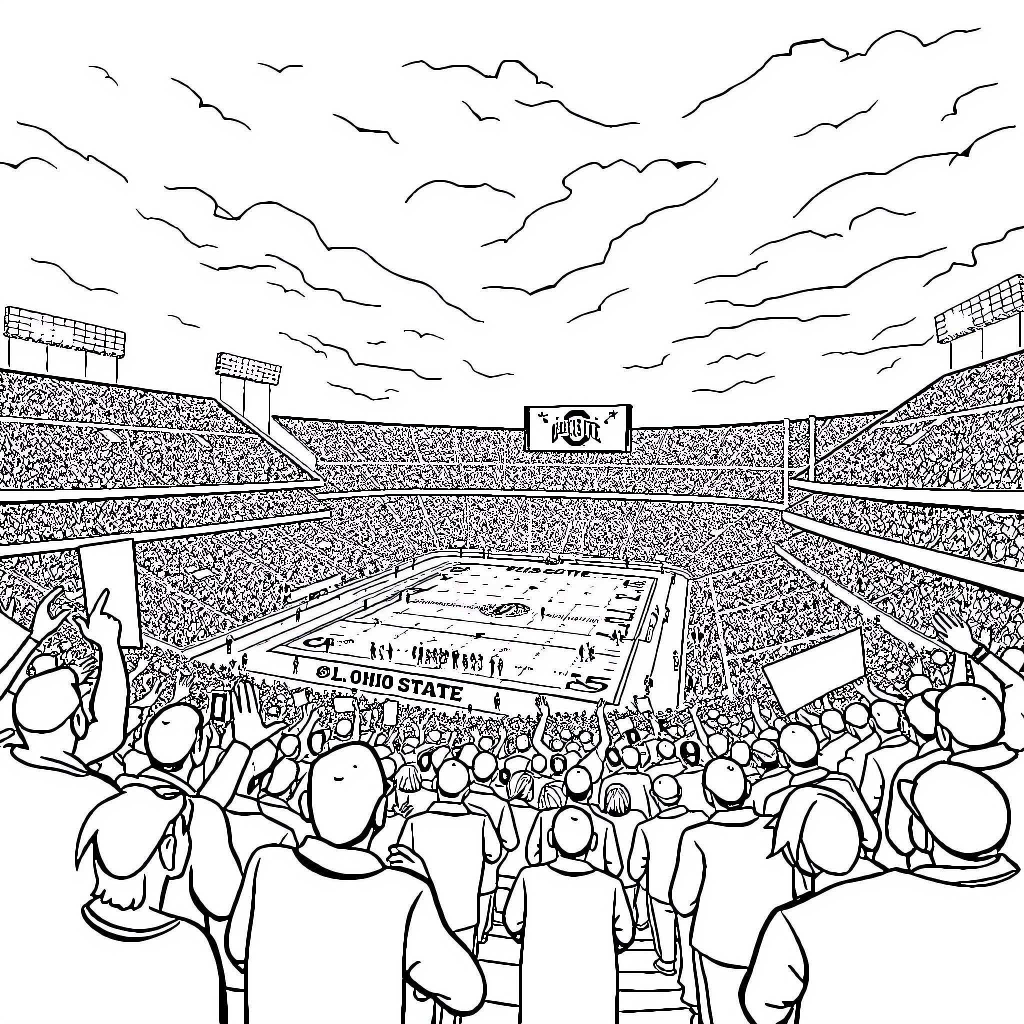 Stadium crowd watching a sports event Coloring Page (free black-and-white line drawing printable PDF for all, from beginners to advanced learners, including children, teens, adults, and seniors)