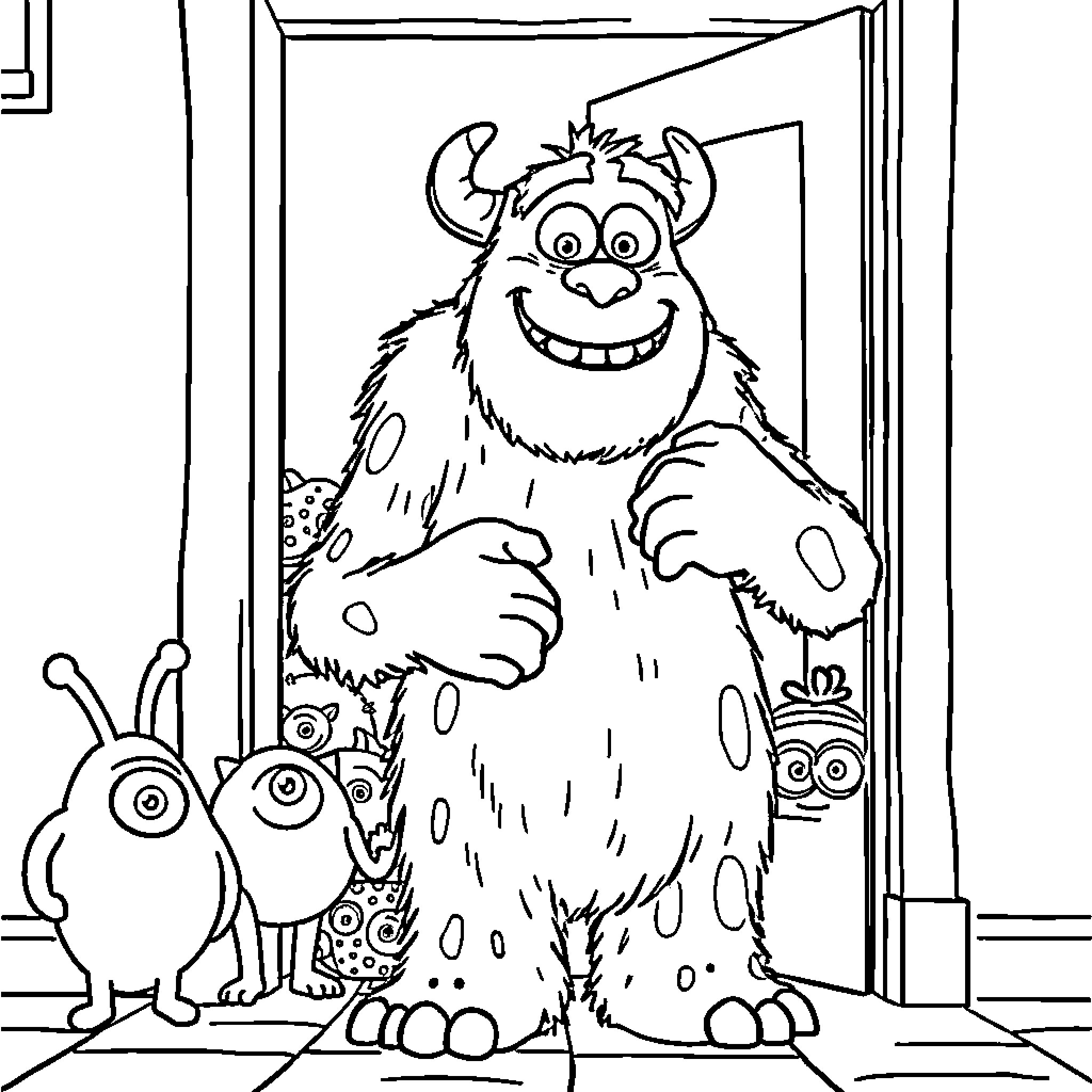 Sully's Friendly Monster Gathering Coloring Page (free black-and-white line drawing printable PDF for all, from beginners to advanced learners, including children, teens, adults, and seniors)