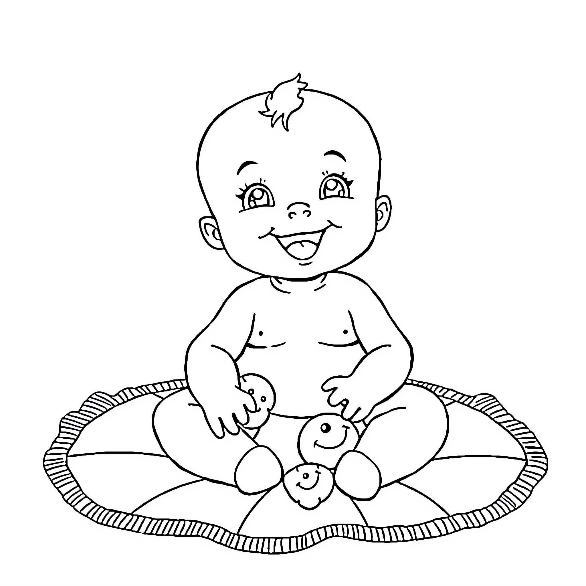 Baby playing happily with toys on a blanket Coloring Page (free black-and-white line drawing printable PDF for all, from beginners to advanced learners, including children, teens, adults, and seniors)