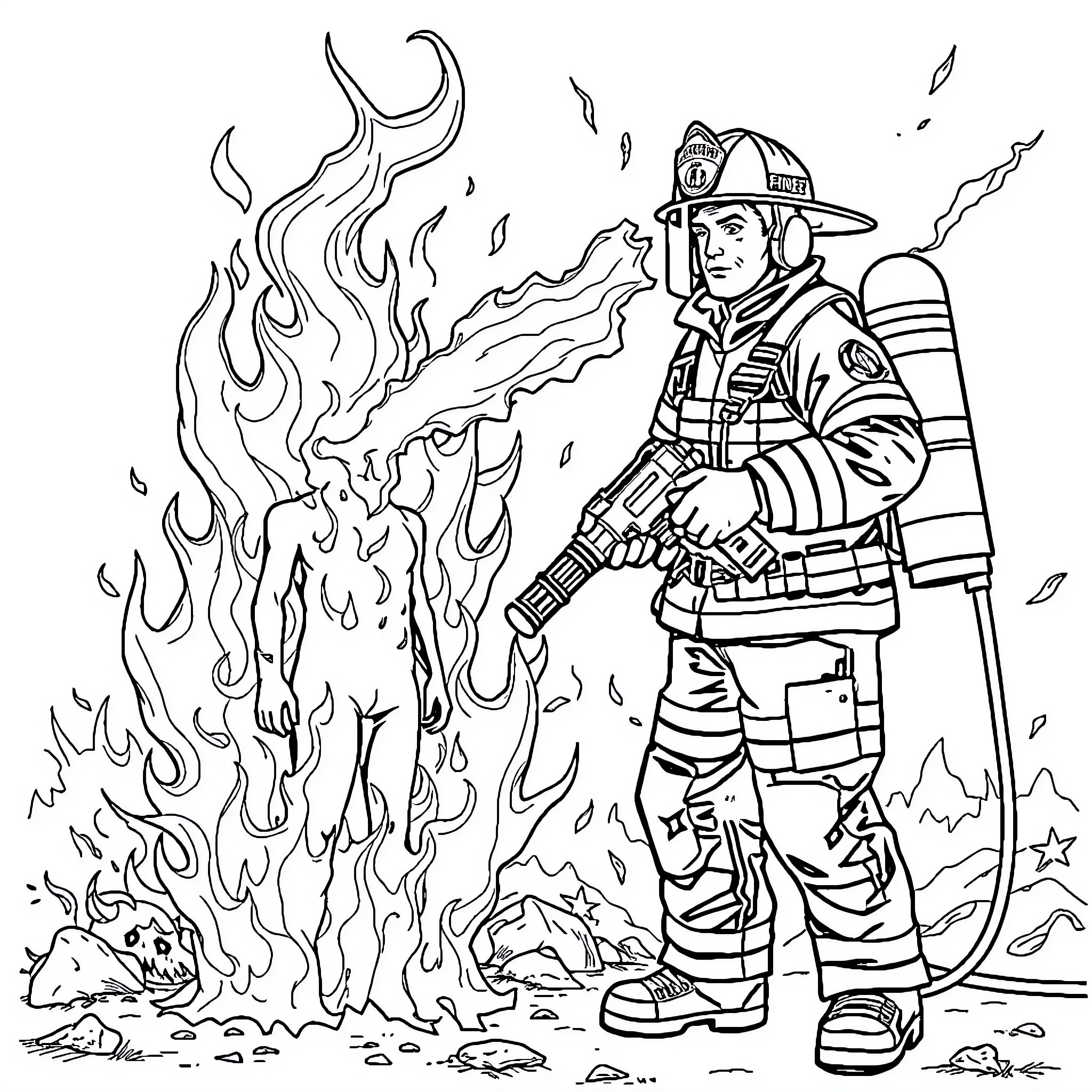 Person putting out a fire in a dangerous situation Coloring Page (free black-and-white line drawing printable PDF for all, from beginners to advanced learners, including children, teens, adults, and seniors)