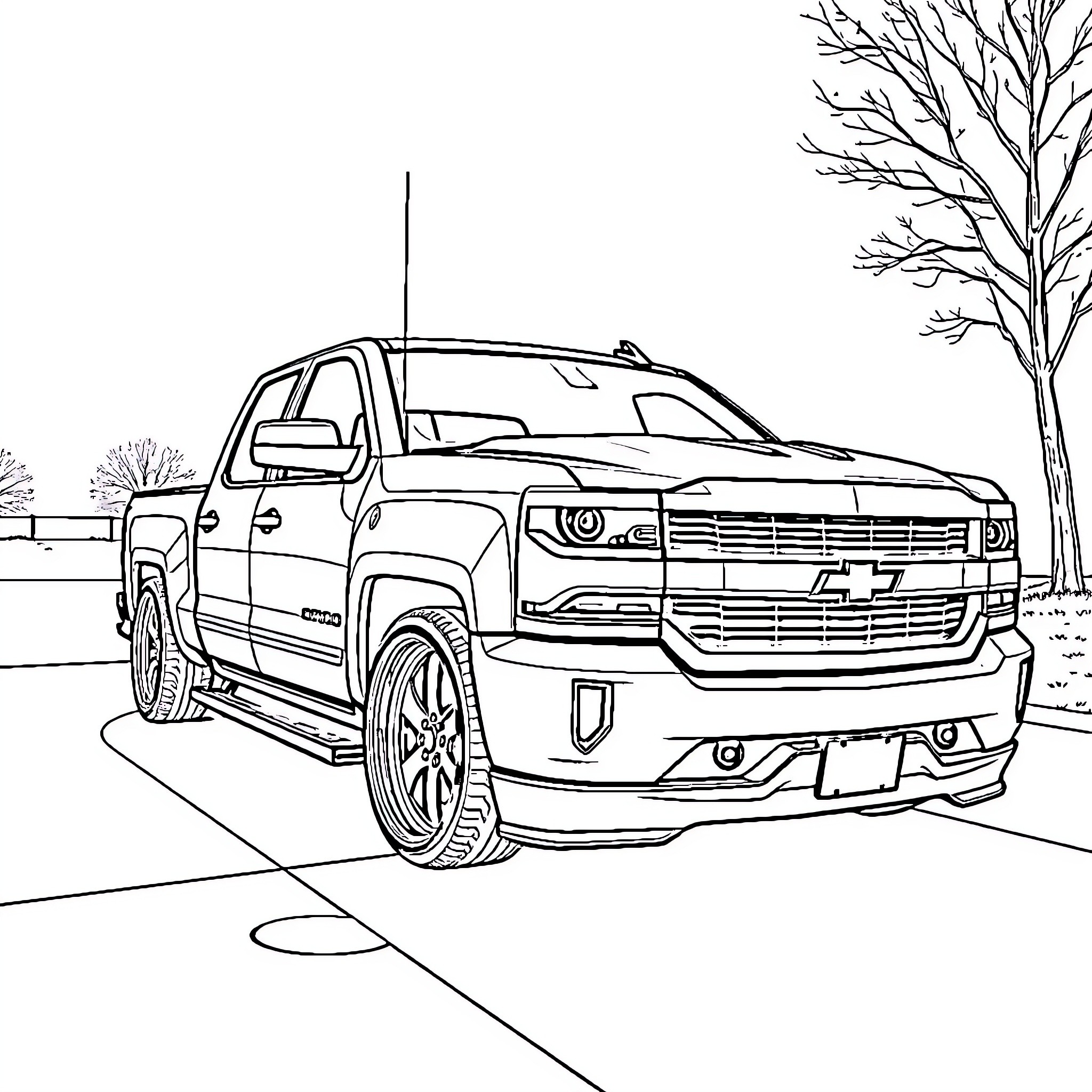 Silverado Pickup Truck on Scenic Road Coloring Page (free black-and-white line drawing printable PDF for all, from beginners to advanced learners, including children, teens, adults, and seniors)