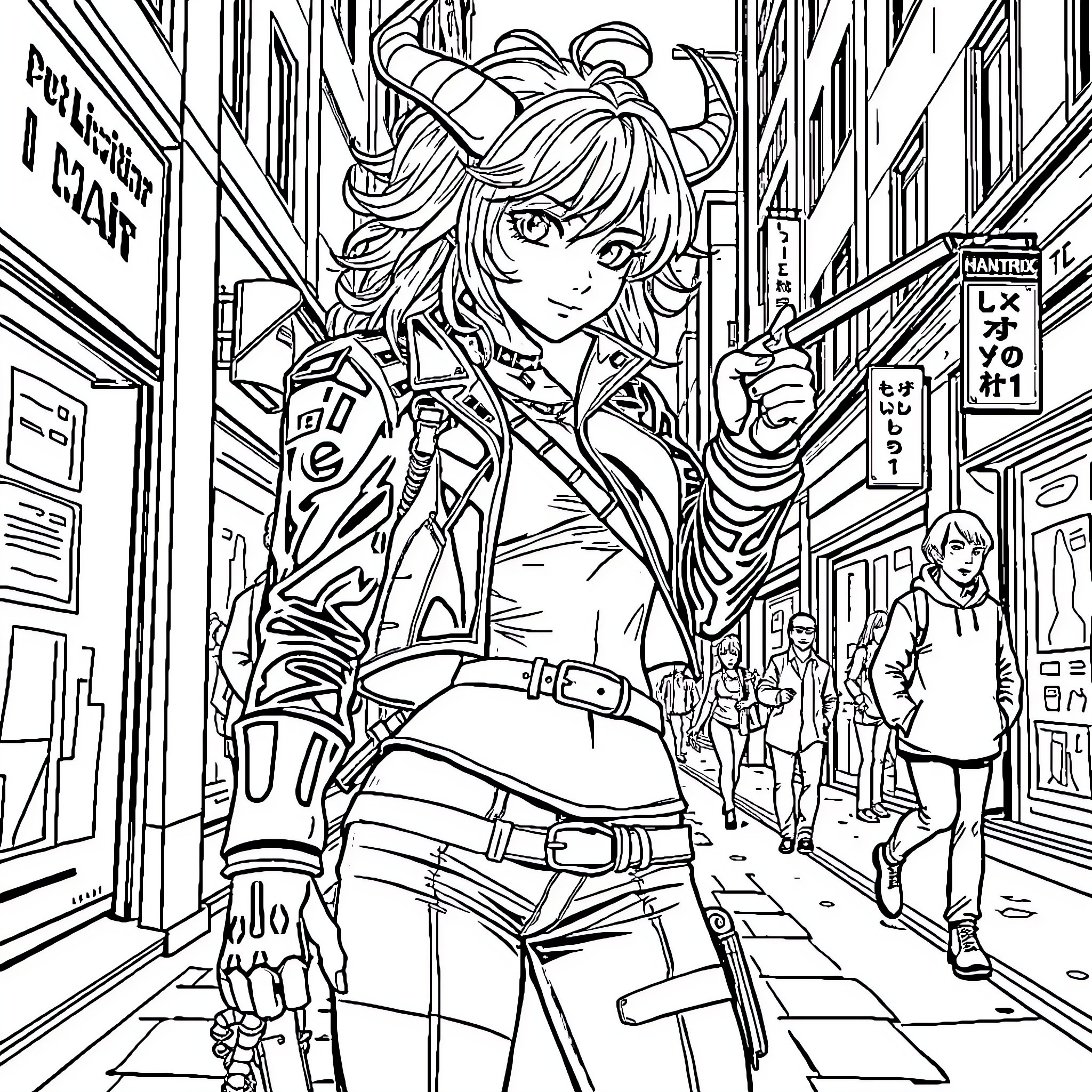 Huntrix in a bustling urban adventure Coloring Page (free black-and-white line drawing printable PDF for all, from beginners to advanced learners, including children, teens, adults, and seniors)