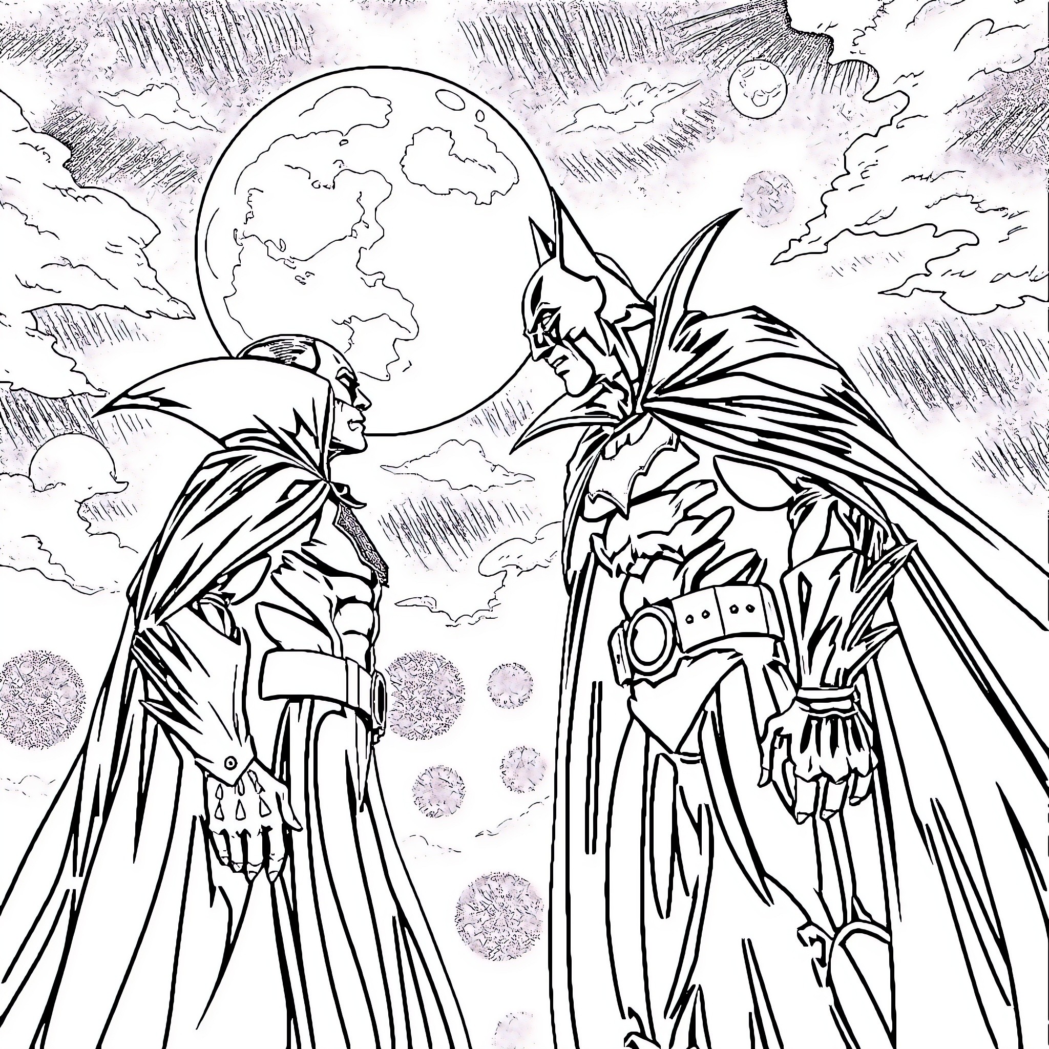 Dracula's Nocturnal Encounter Under the Moonlight Coloring Page (free black-and-white line drawing printable PDF for all, from beginners to advanced learners, including children, teens, adults, and seniors)