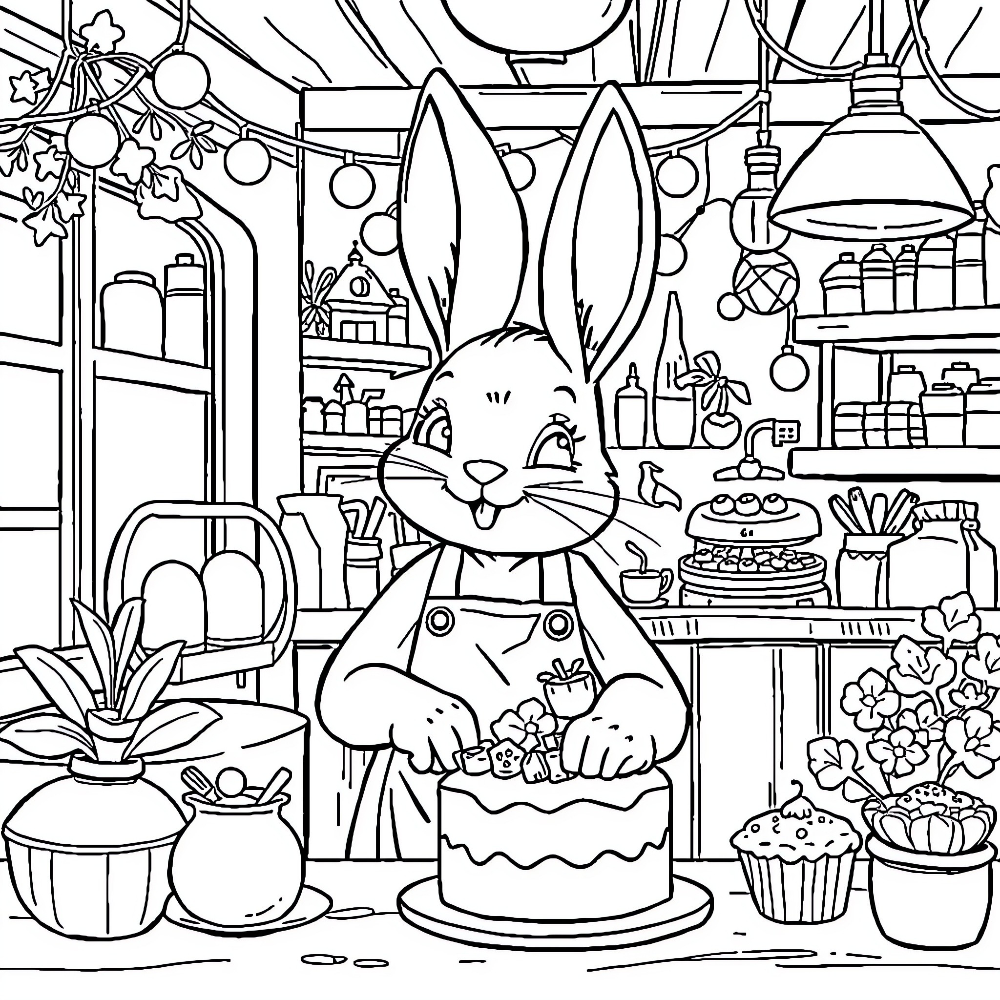 Bunny baking treats in a cozy kitchen Coloring Page (free black-and-white line drawing printable PDF for all, from beginners to advanced learners, including children, teens, adults, and seniors)
