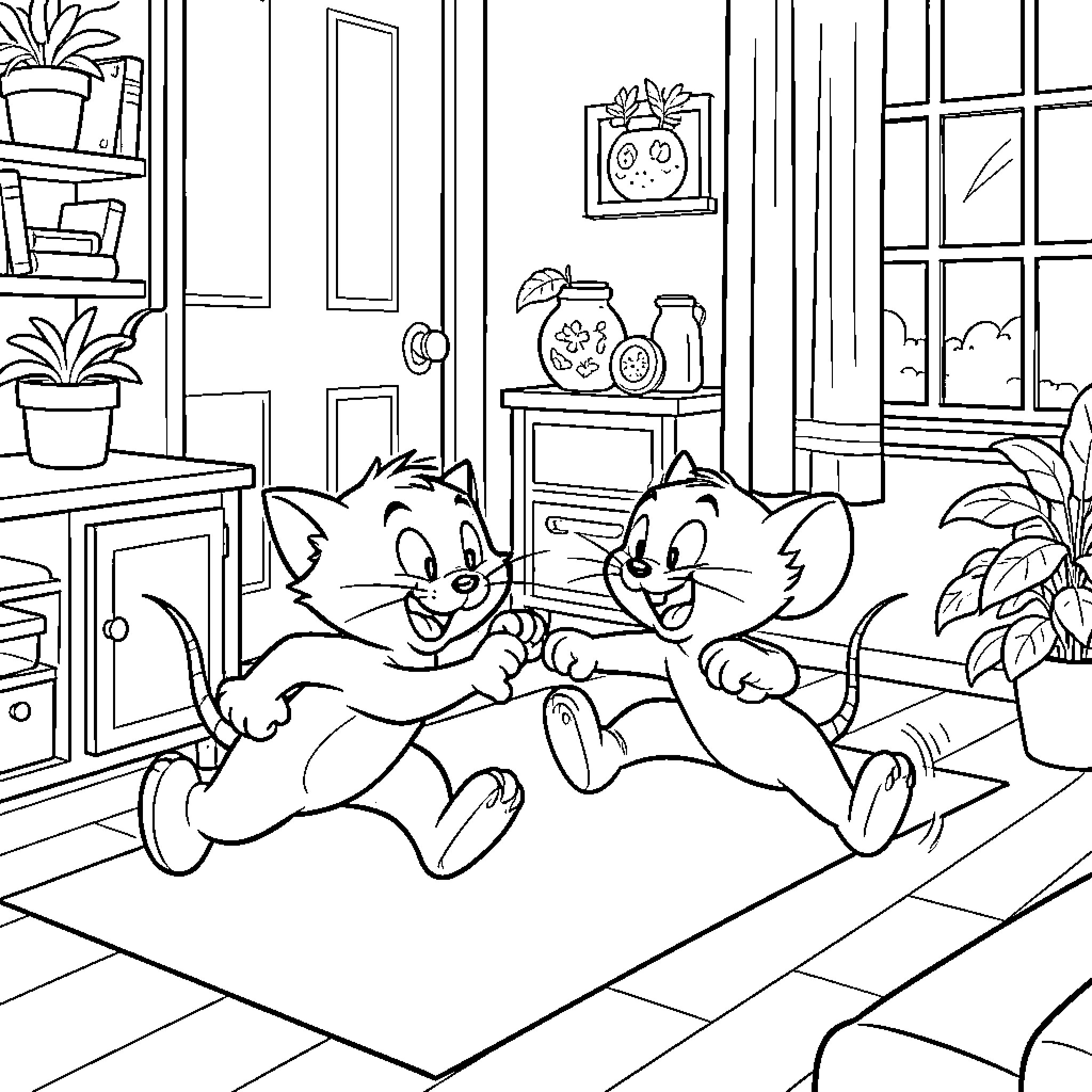 Tom and Jerry running and chasing each other playfully Coloring Page (free black-and-white line drawing printable PDF for all, from beginners to advanced learners, including children, teens, adults, and seniors)