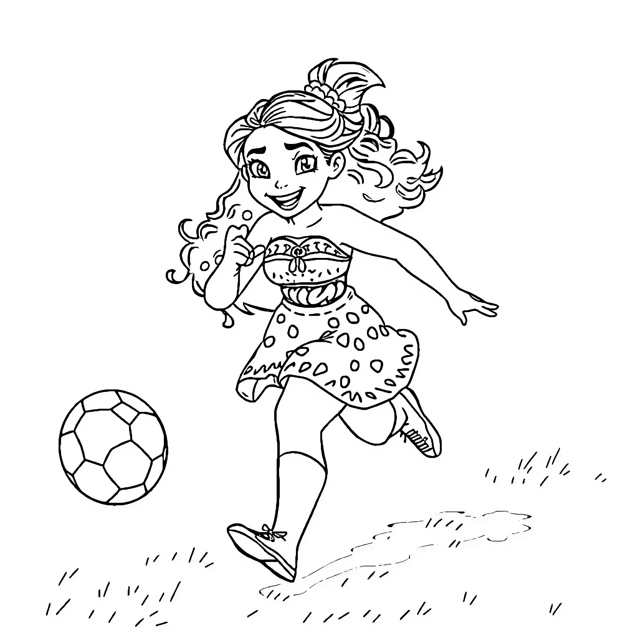 Moana joyfully playing with a soccer ball Coloring Page (free black-and-white line drawing printable PDF for all, from beginners to advanced learners, including children, teens, adults, and seniors)