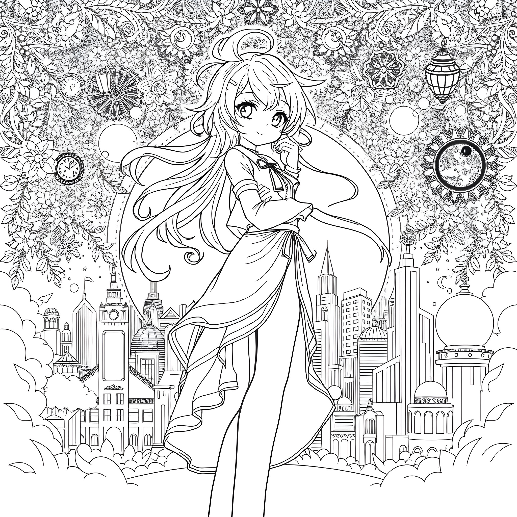 Anime Girl in Elegant Dress Amid Floral Cityscape Coloring Page (free black-and-white line drawing printable PDF for all, from beginners to advanced learners, including children, teens, adults, and seniors)