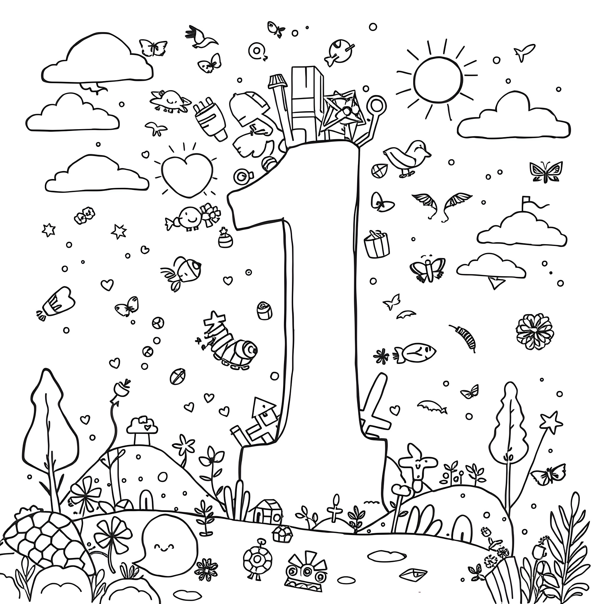 Number Playful Doodle Landscape with Various Elements Coloring Page (free black-and-white line drawing printable PDF for all, from beginners to advanced learners, including children, teens, adults, and seniors)