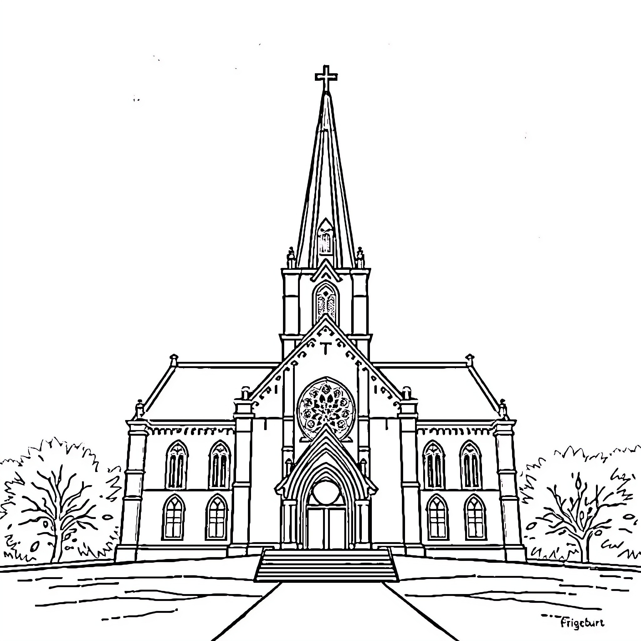 Église with ornate architectural details and spire Coloring Page (free black-and-white line drawing printable PDF for all, from beginners to advanced learners, including children, teens, adults, and seniors)