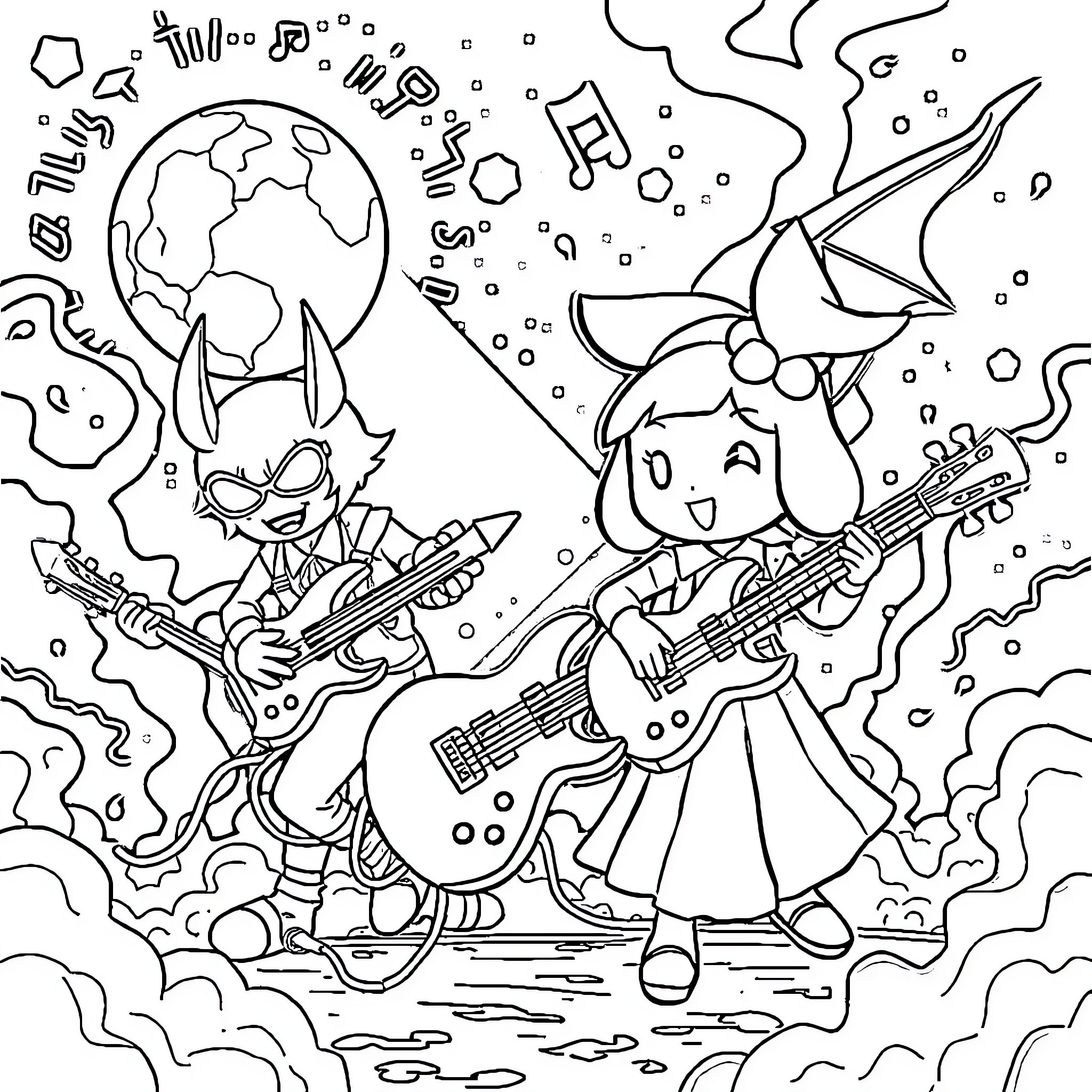 My Melody Rocking Out Under the Stars Coloring Page (free black-and-white line drawing printable PDF for all, from beginners to advanced learners, including children, teens, adults, and seniors)