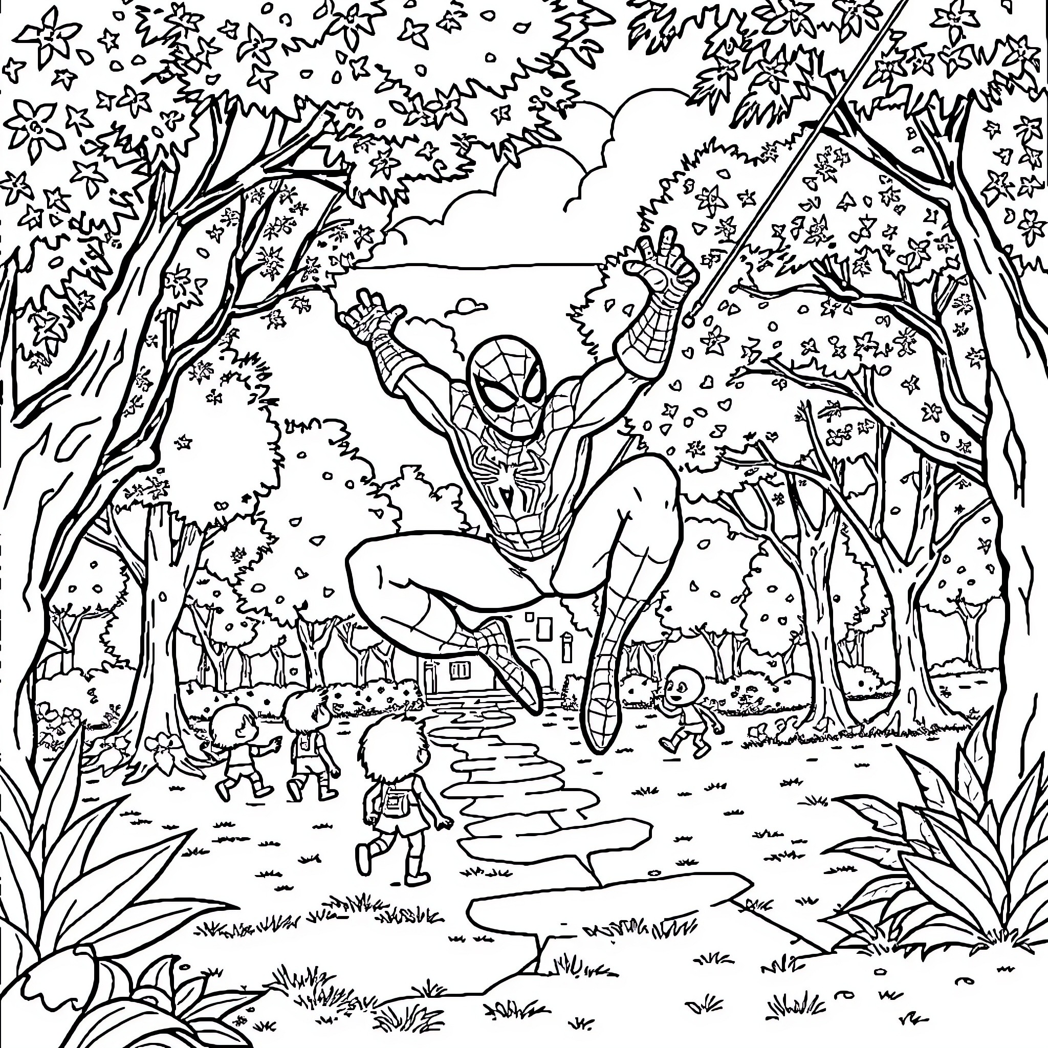 Spiderman swinging through the forest landscape Coloring Page (free black-and-white line drawing printable PDF for all, from beginners to advanced learners, including children, teens, adults, and seniors)