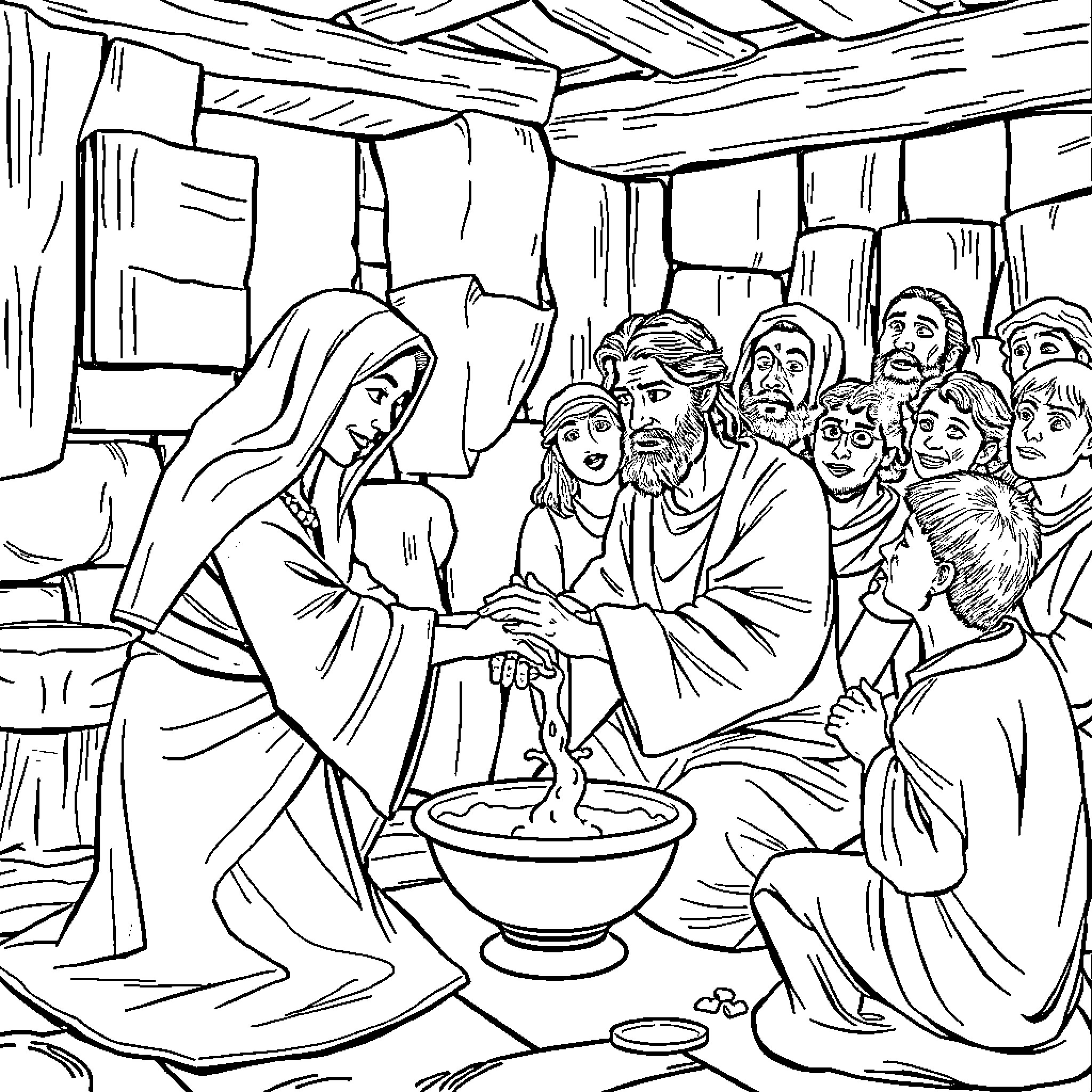 Mary and the gathering of followers in a humble abode Coloring Page (free black-and-white line drawing printable PDF for all, from beginners to advanced learners, including children, teens, adults, and seniors)