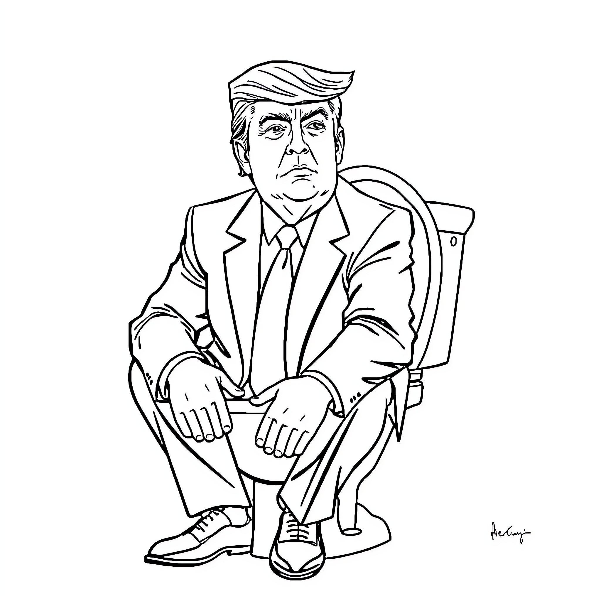 Trump in Formal Attire with Distinctive Facial Expression Coloring Page (free black-and-white line drawing printable PDF for all, from beginners to advanced learners, including children, teens, adults, and seniors)