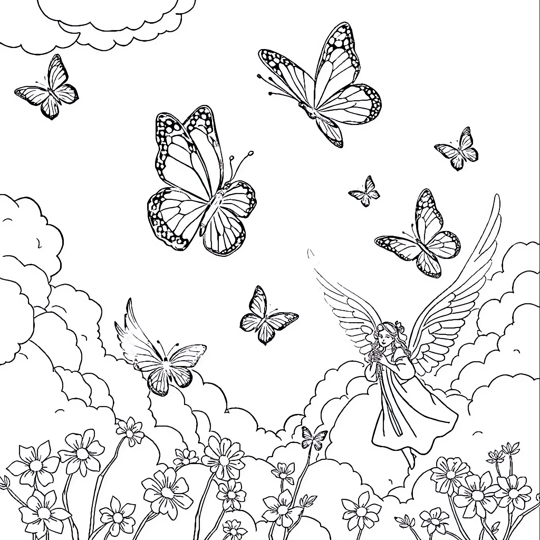 Butterfly Fairy and Flowers in the Clouds Coloring Page (free black-and-white line drawing printable PDF for all, from beginners to advanced learners, including children, teens, adults, and seniors)