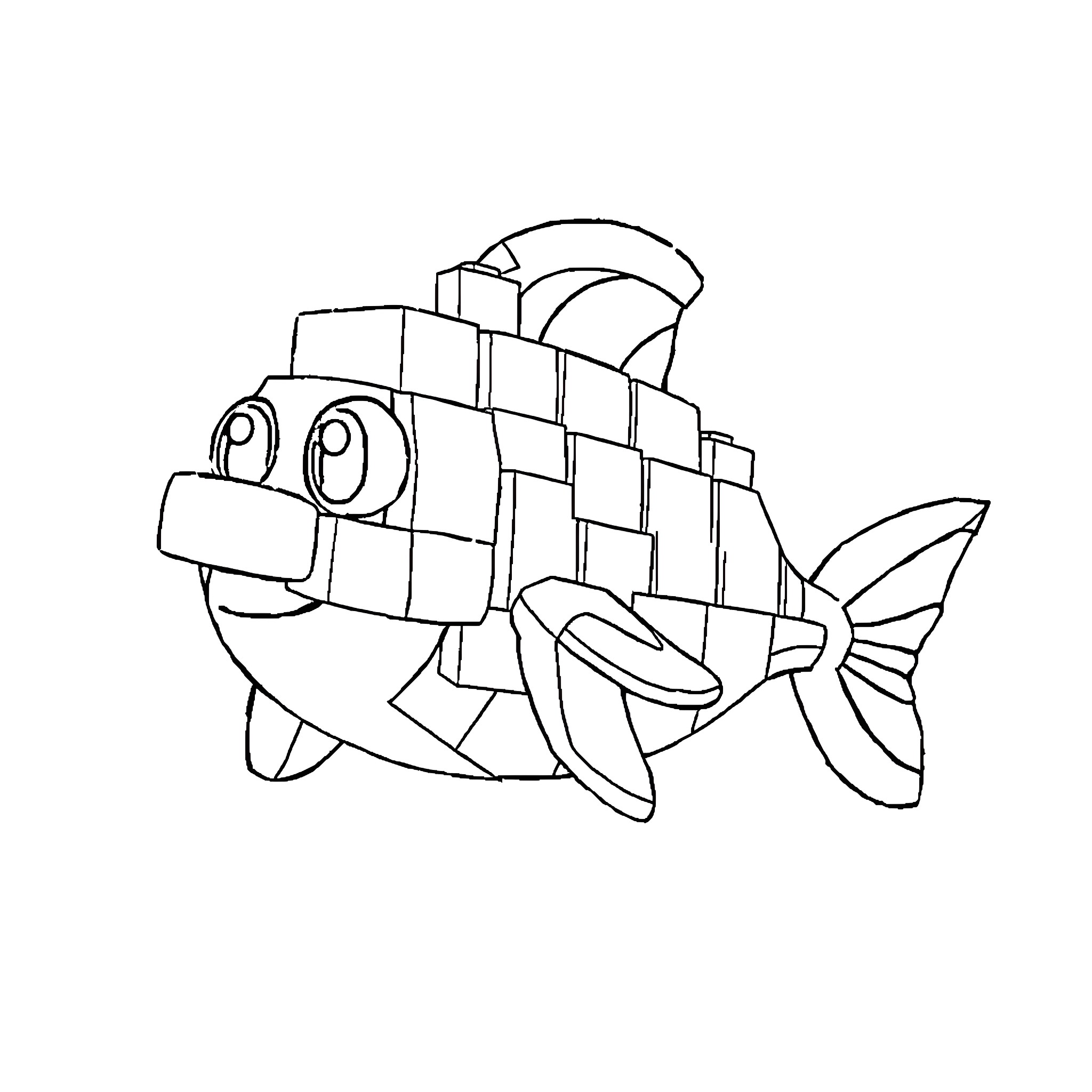 Block Lock Fun Fish Coloring Coloring Page (free black-and-white line drawing printable PDF for all, from beginners to advanced learners, including children, teens, adults, and seniors)