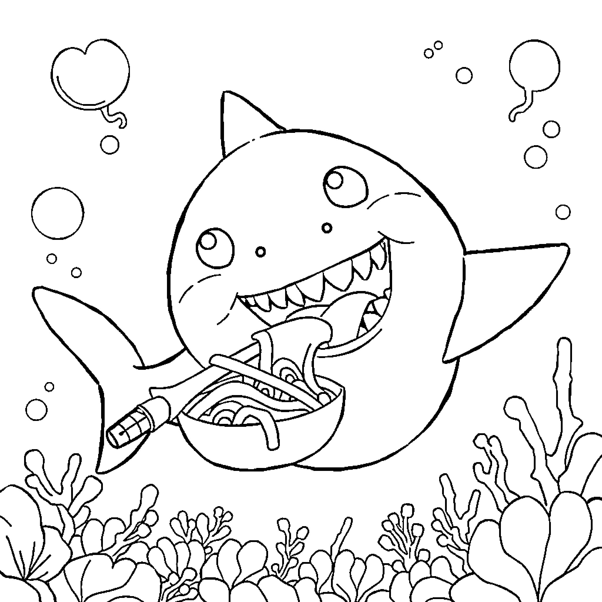Baby Shark swimming happily in the ocean Coloring Page (free black-and-white line drawing printable PDF for all, from beginners to advanced learners, including children, teens, adults, and seniors)