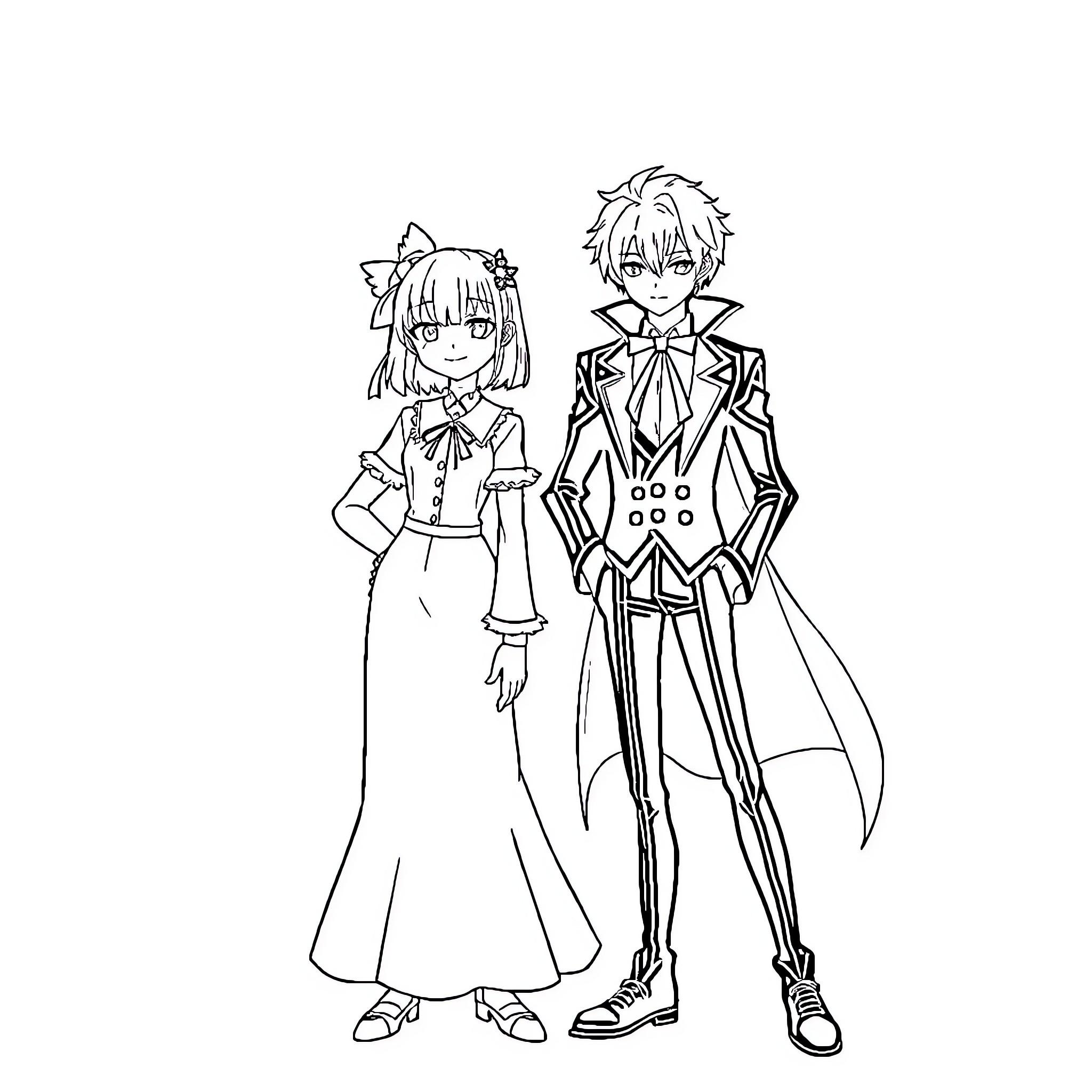 Ciel Phantomhive and his Maid in Formal Attire Coloring Page (free black-and-white line drawing printable PDF for all, from beginners to advanced learners, including children, teens, adults, and seniors)