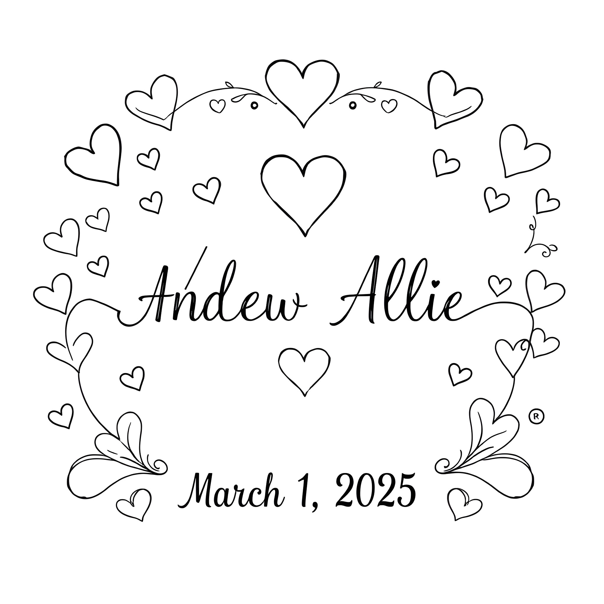 Card with hearts and couple's names Coloring Page (free black-and-white line drawing printable PDF for all, from beginners to advanced learners, including children, teens, adults, and seniors)
