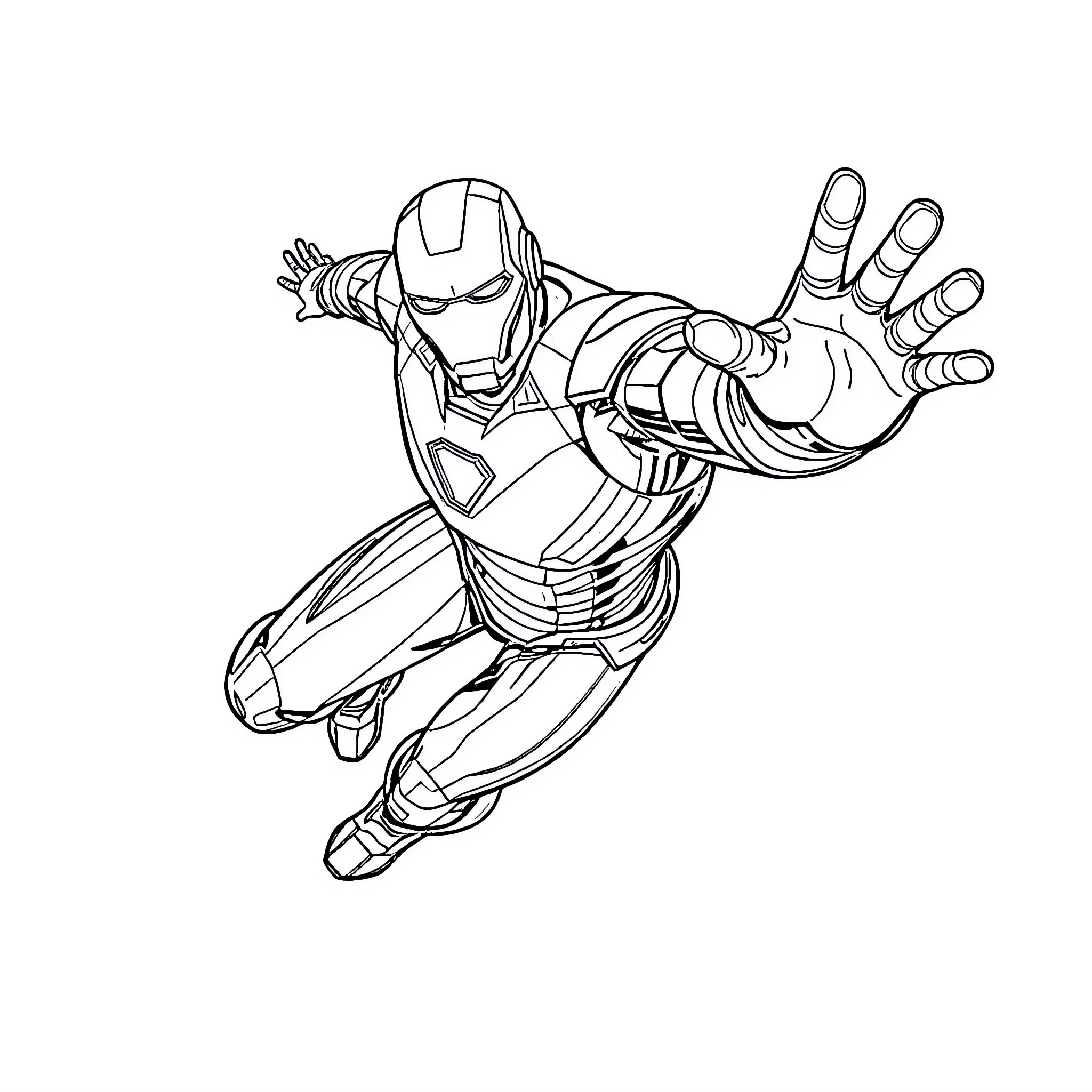 Iron Man flying in heroic action pose Coloring Page (free black-and-white line drawing printable PDF for all, from beginners to advanced learners, including children, teens, adults, and seniors)