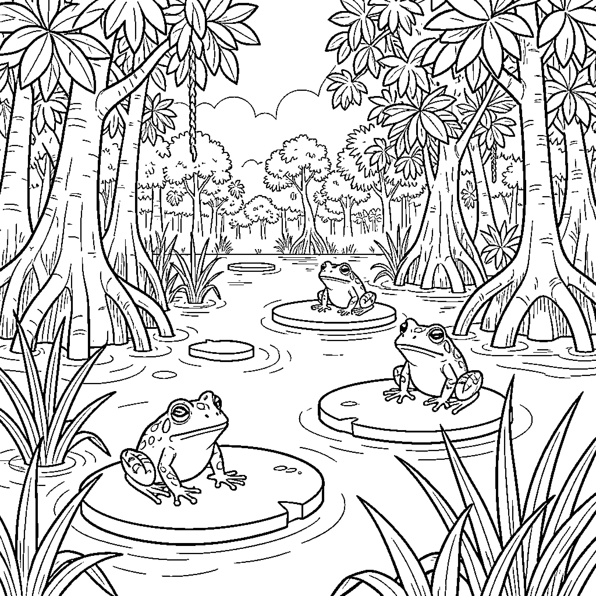 Frog Pond in Lush Forest Landscape Coloring Page (free black-and-white line drawing printable PDF for all, from beginners to advanced learners, including children, teens, adults, and seniors)