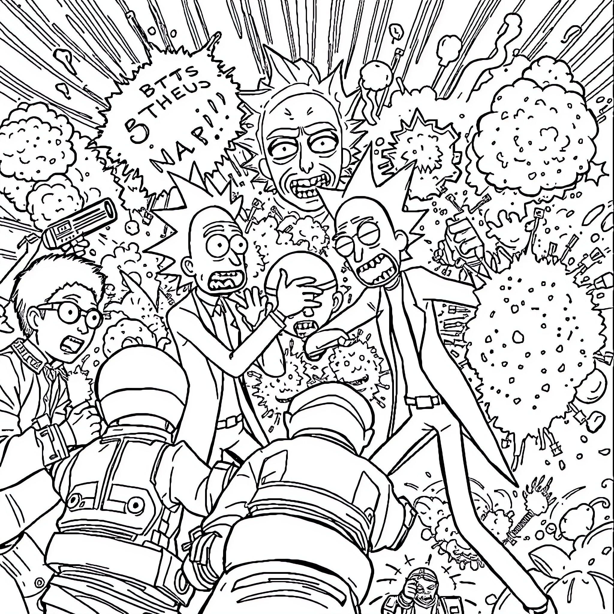 Rick And Morty in Chaotic Sci-Fi Adventure Coloring Page (free black-and-white line drawing printable PDF for all, from beginners to advanced learners, including children, teens, adults, and seniors)
